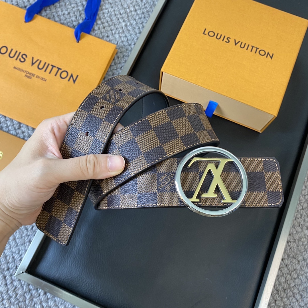 Louis Vuitton Damier Ebene Belt with Gold Circle LV Initial Buckle