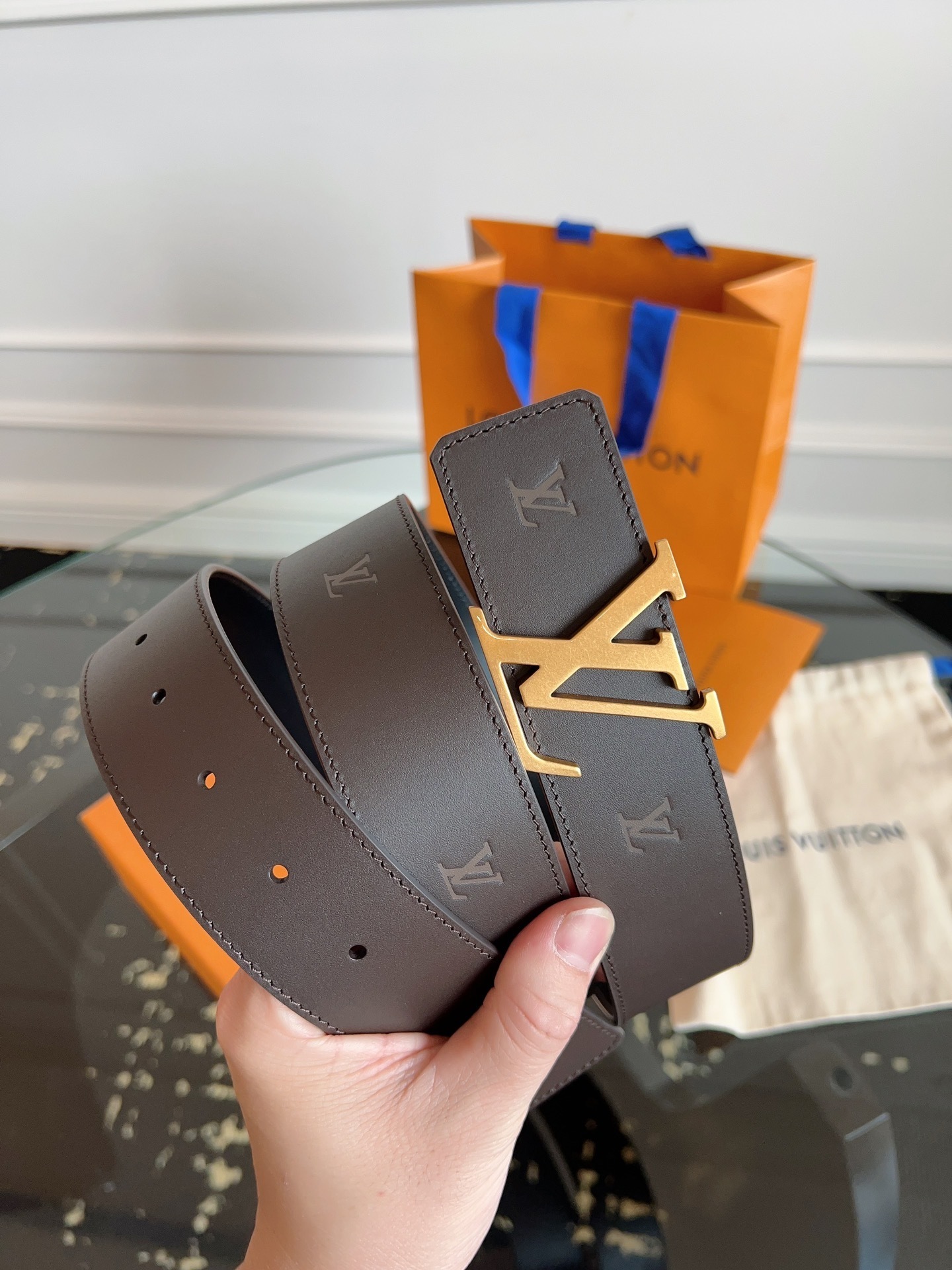 Louis Vuitton Brown Monogram Leather Belt with Gold LV Buckle