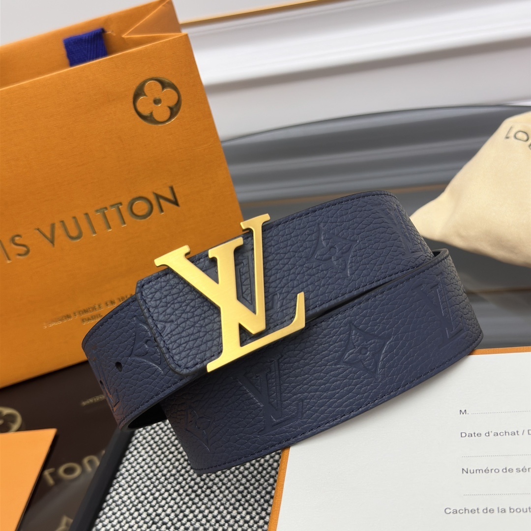 Louis Vuitton Navy Blue Leather Belt with Gold LV Initial Buckle