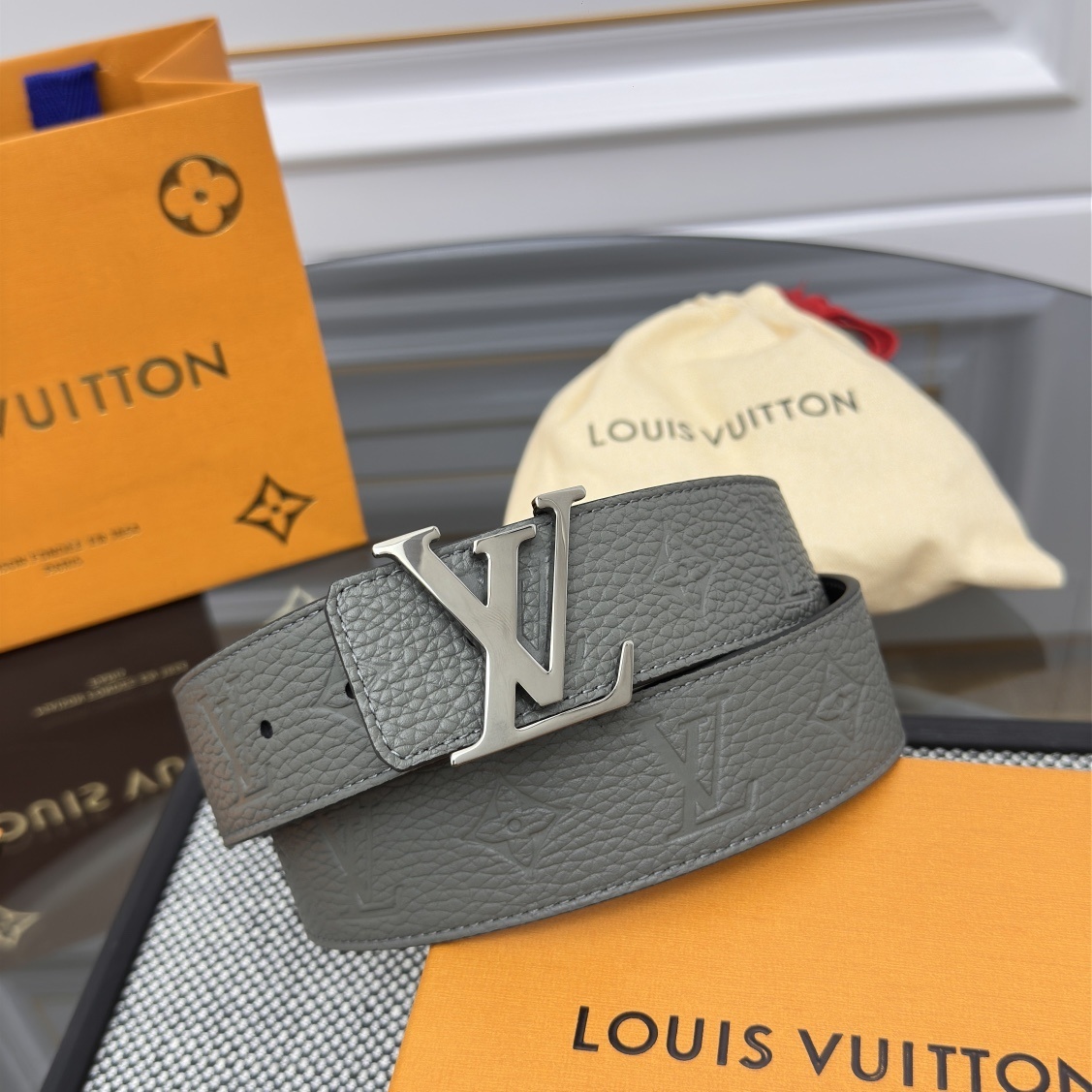Louis Vuitton Men's Gray Taurillon Monogram Leather Belt with LV Buckle