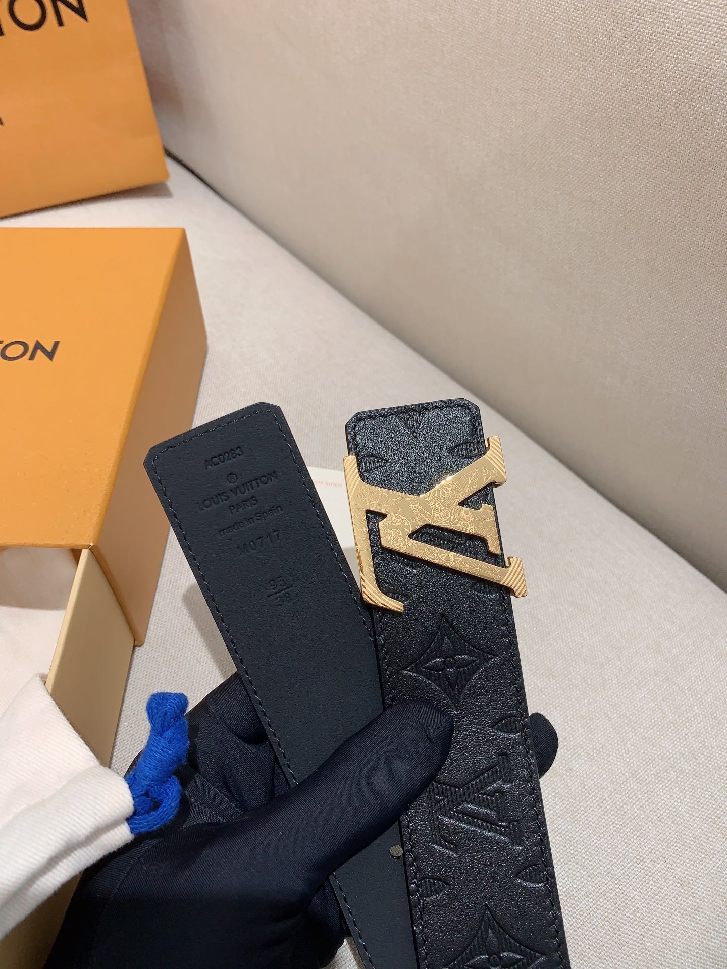 LV Monogram Black Embossed Leather Belt - Gold Engraved Buckle