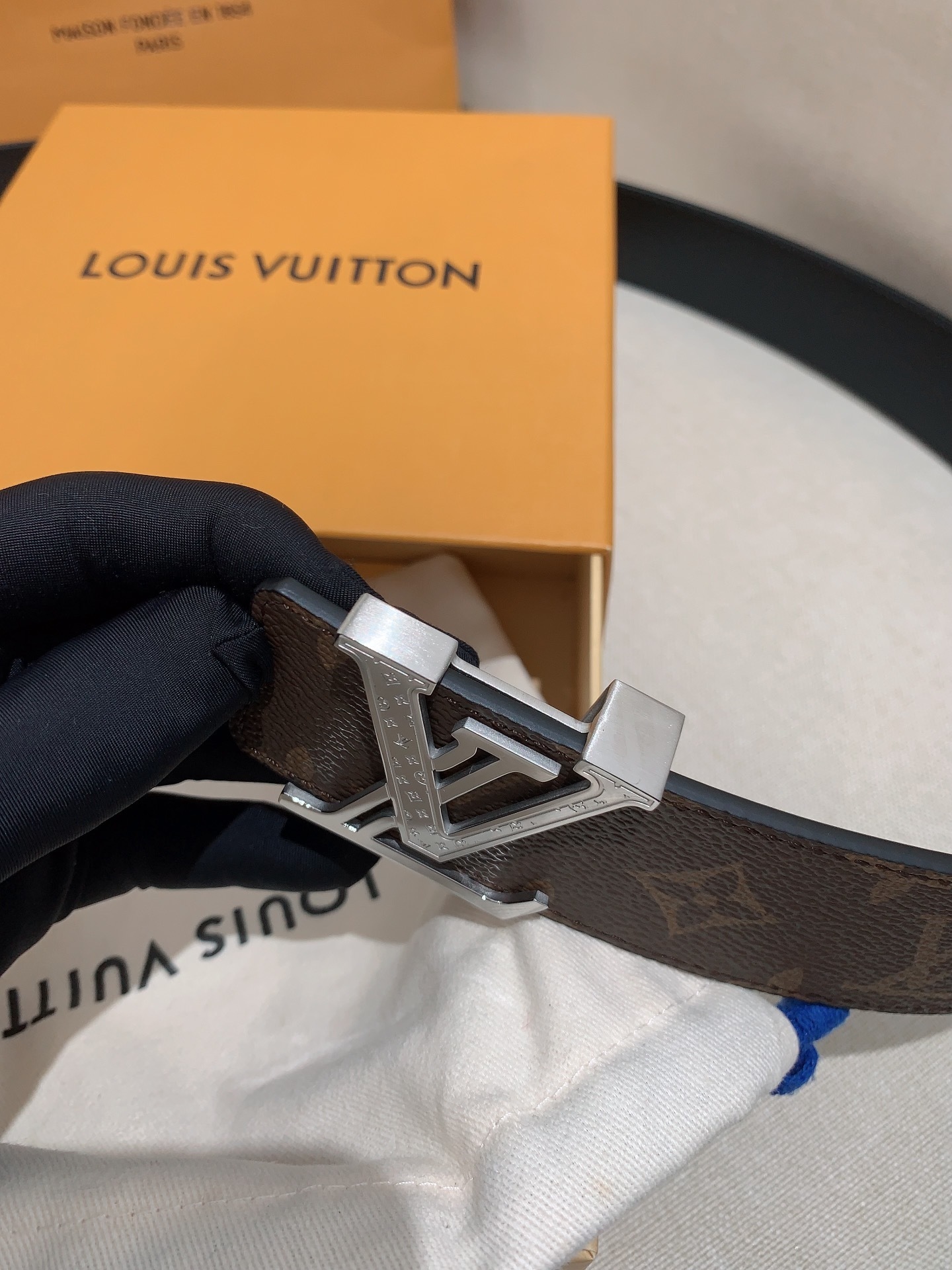 Louis Vuitton LV Initial Monogram Belt with Engraved Silver Buckle