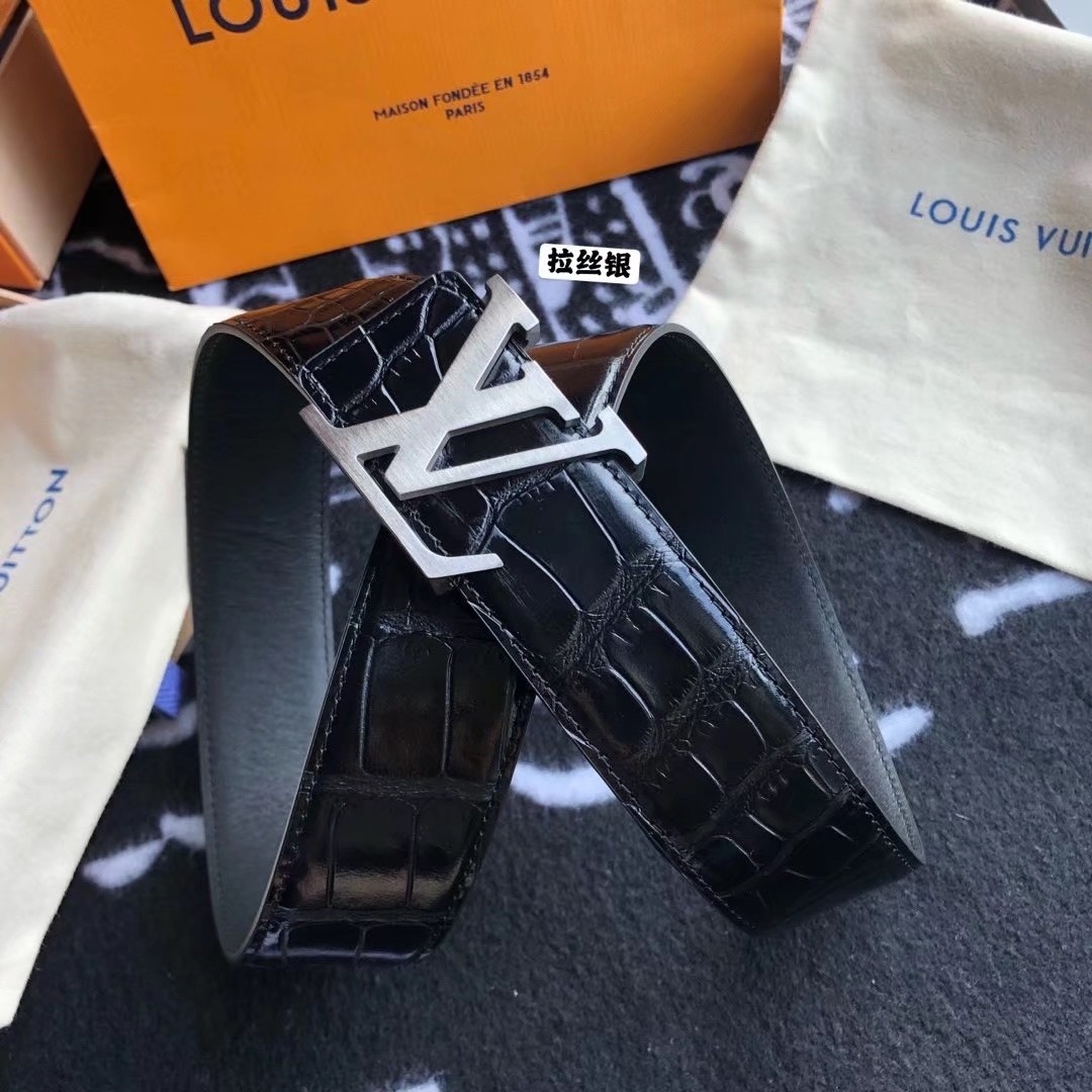 Louis Vuitton Men's Black Crocodile Leather Belt with Silver Buckle