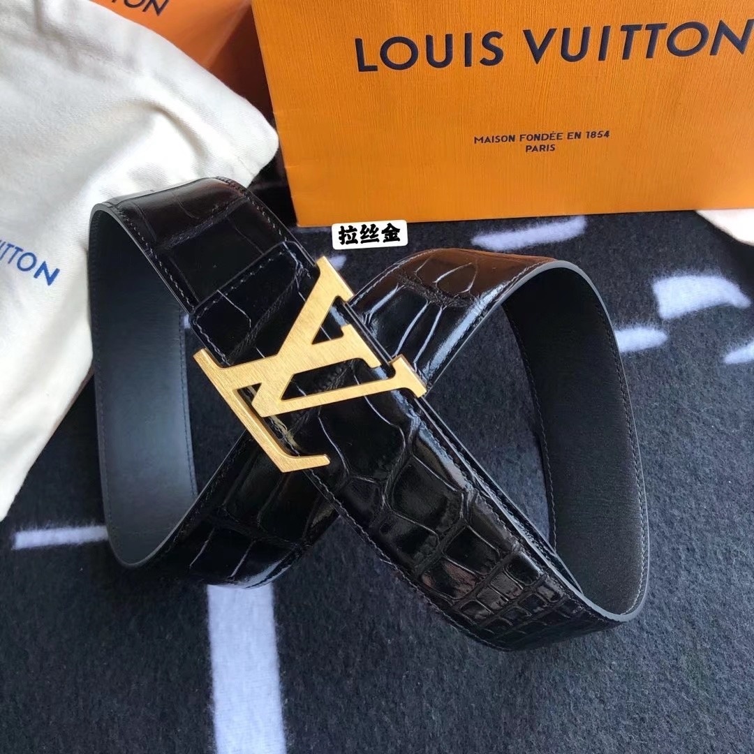 Louis Vuitton Black Crocodile Leather Belt with Gold LV Buckle