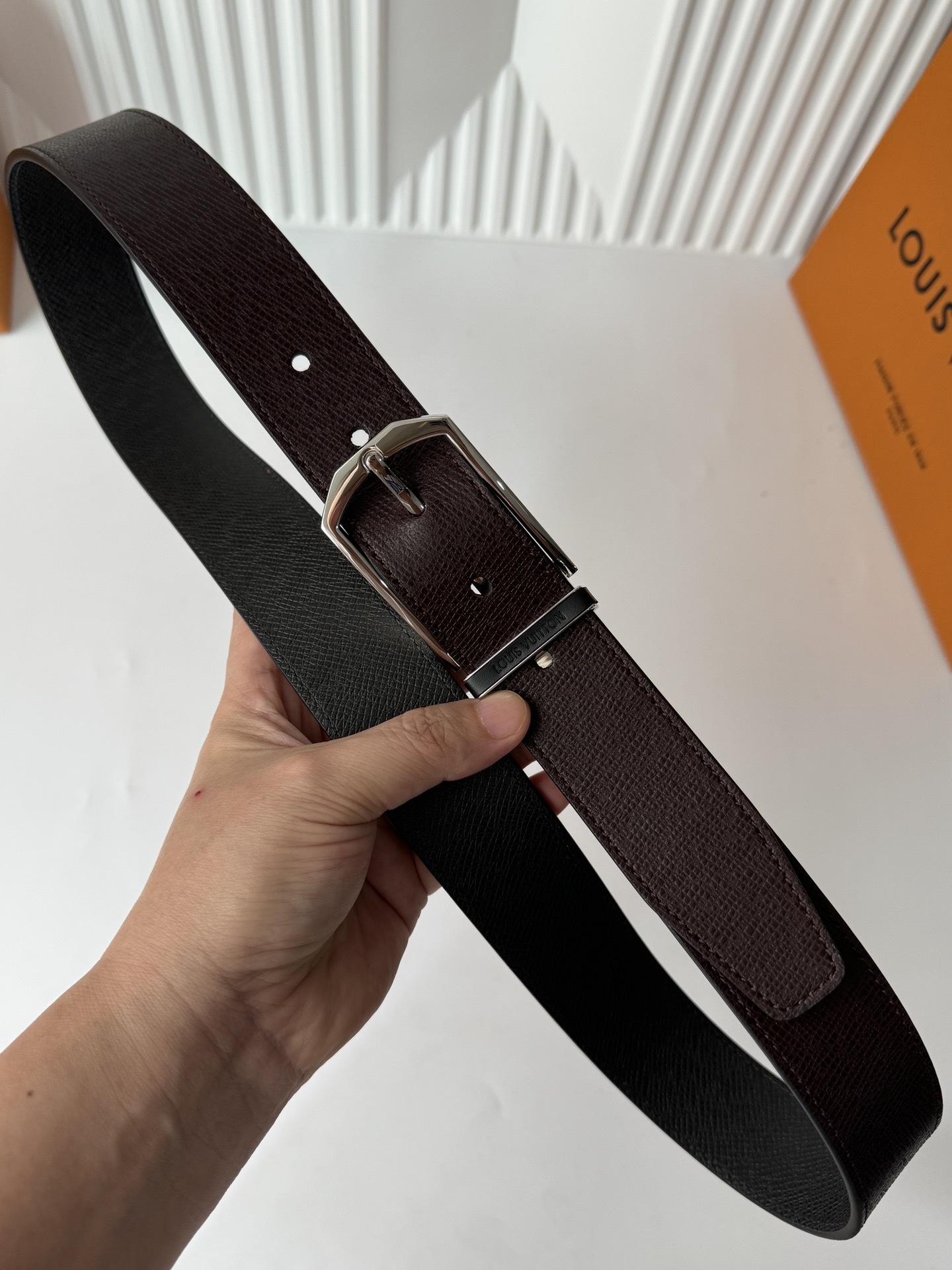 Louis Vuitton Men's Brown Textured Leather Belt with Silver Buckle