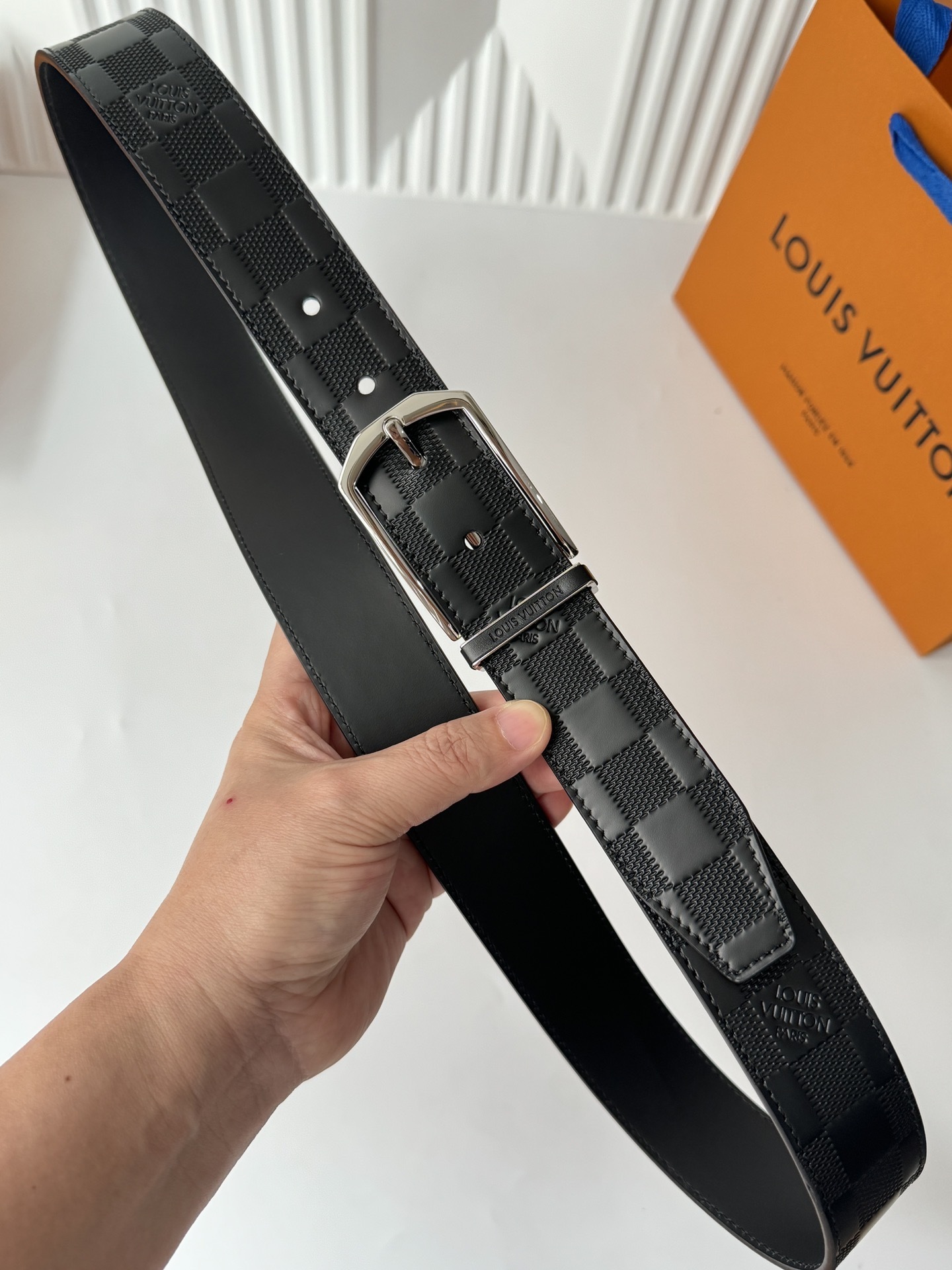 Louis Vuitton Men's Damier Infini Leather Belt with Silver Buckle