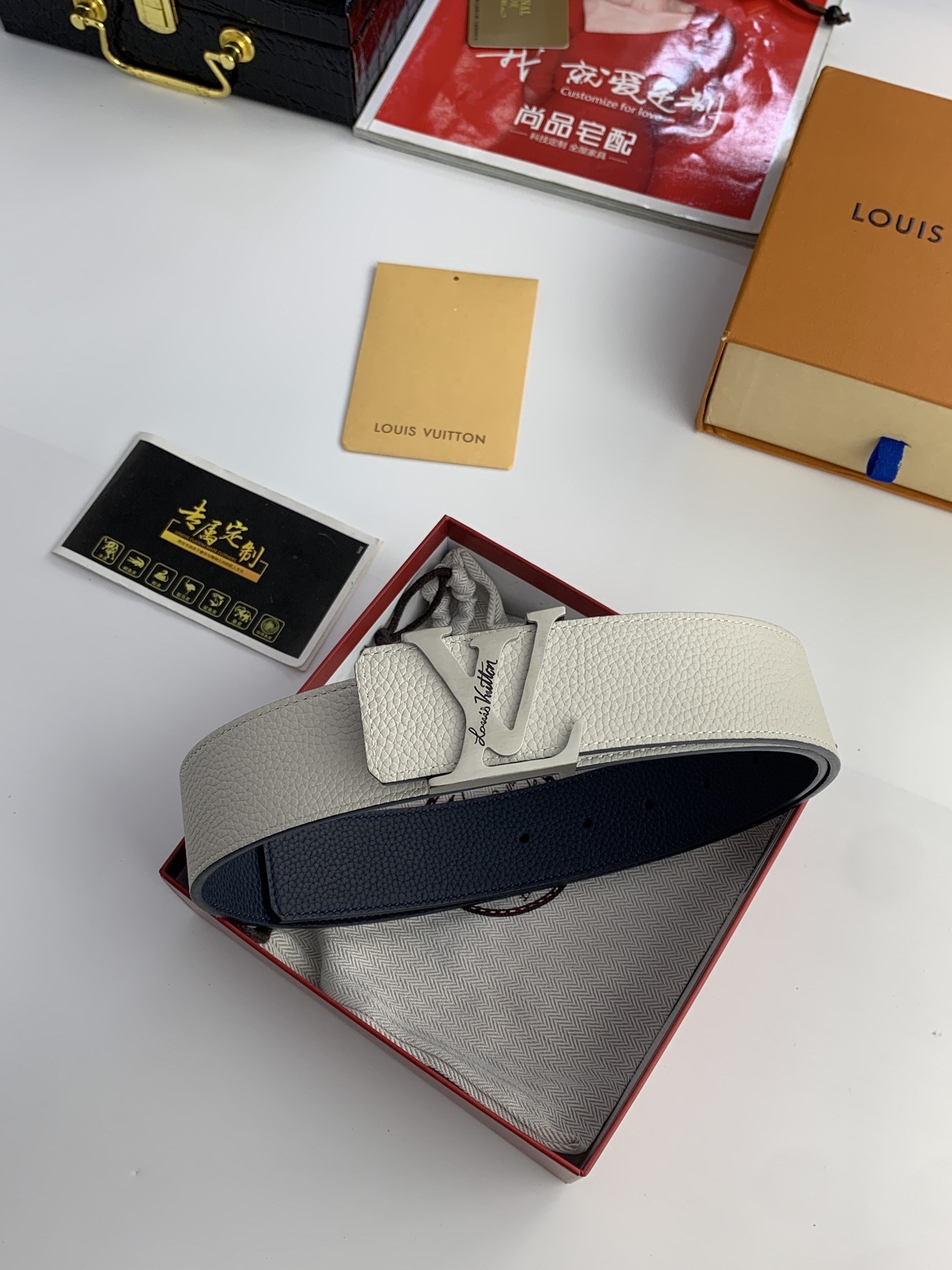 LV Reversible Leather Belt - White & Navy Blue Signature Buckle