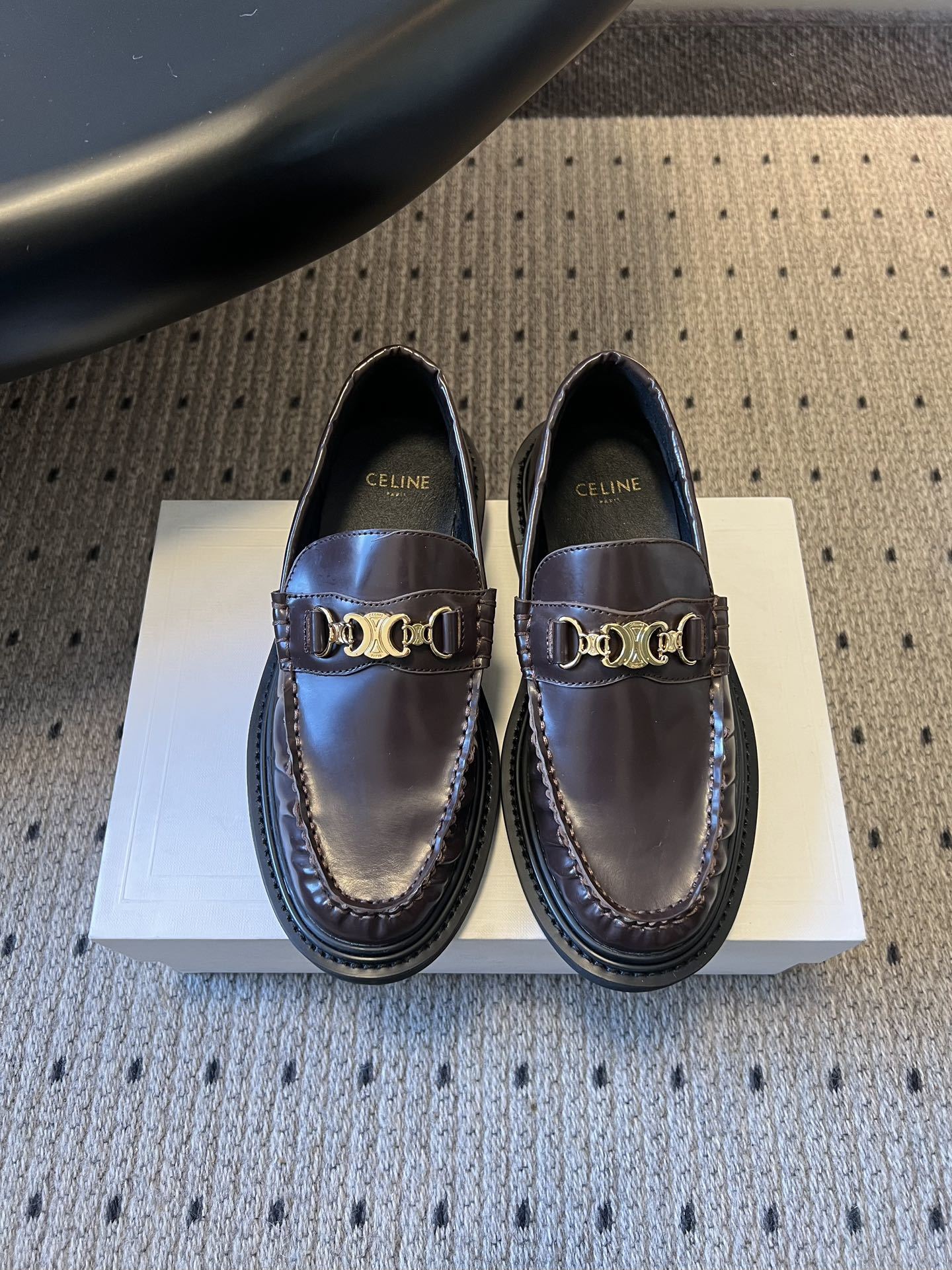 Celine Margaret Loafers in Burgundy Calfskin with Gold Triomphe