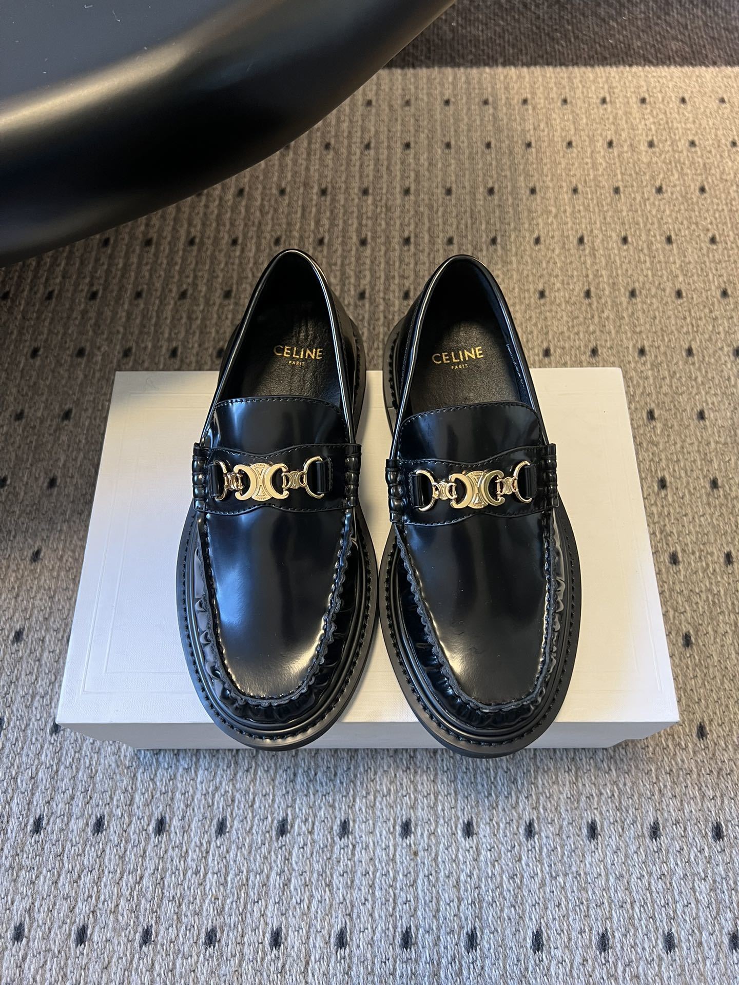 Celine Black Leather Loafers with Gold Triomphe Detail