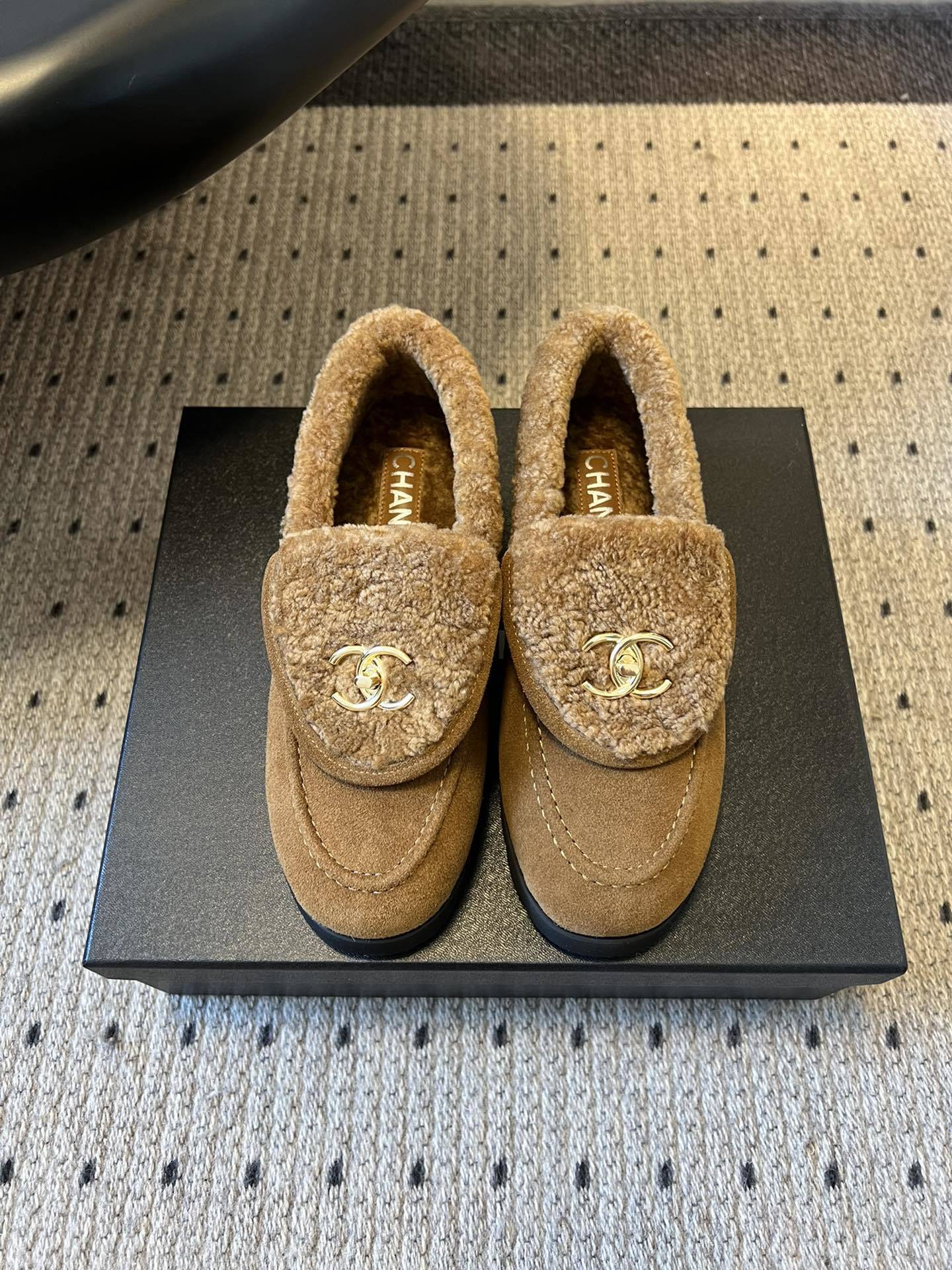 Chanel Brown Shearling Loafers - Gold CC Accent