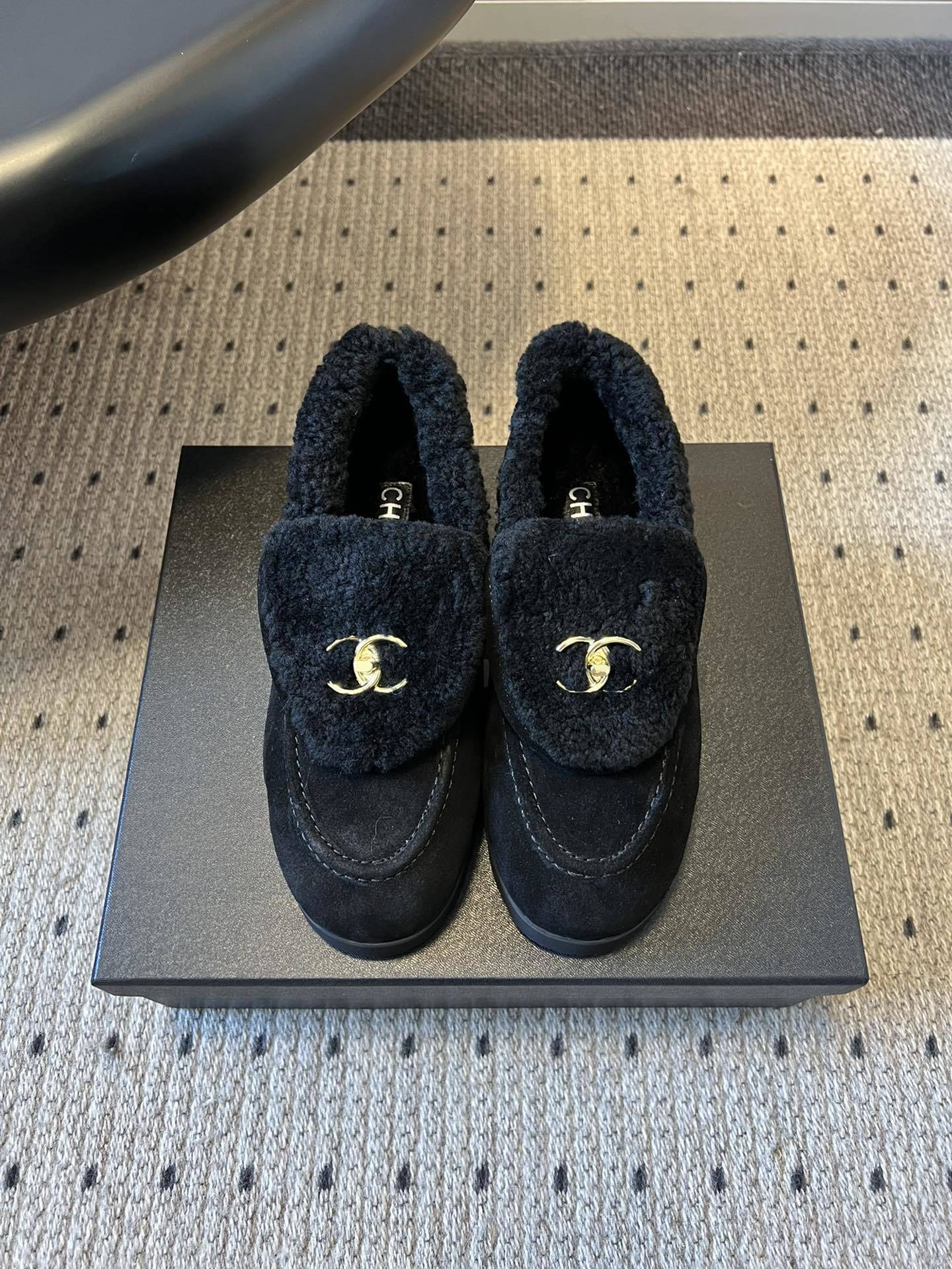 Chanel Black Suede Shearling Loafers - Gold CC Logo