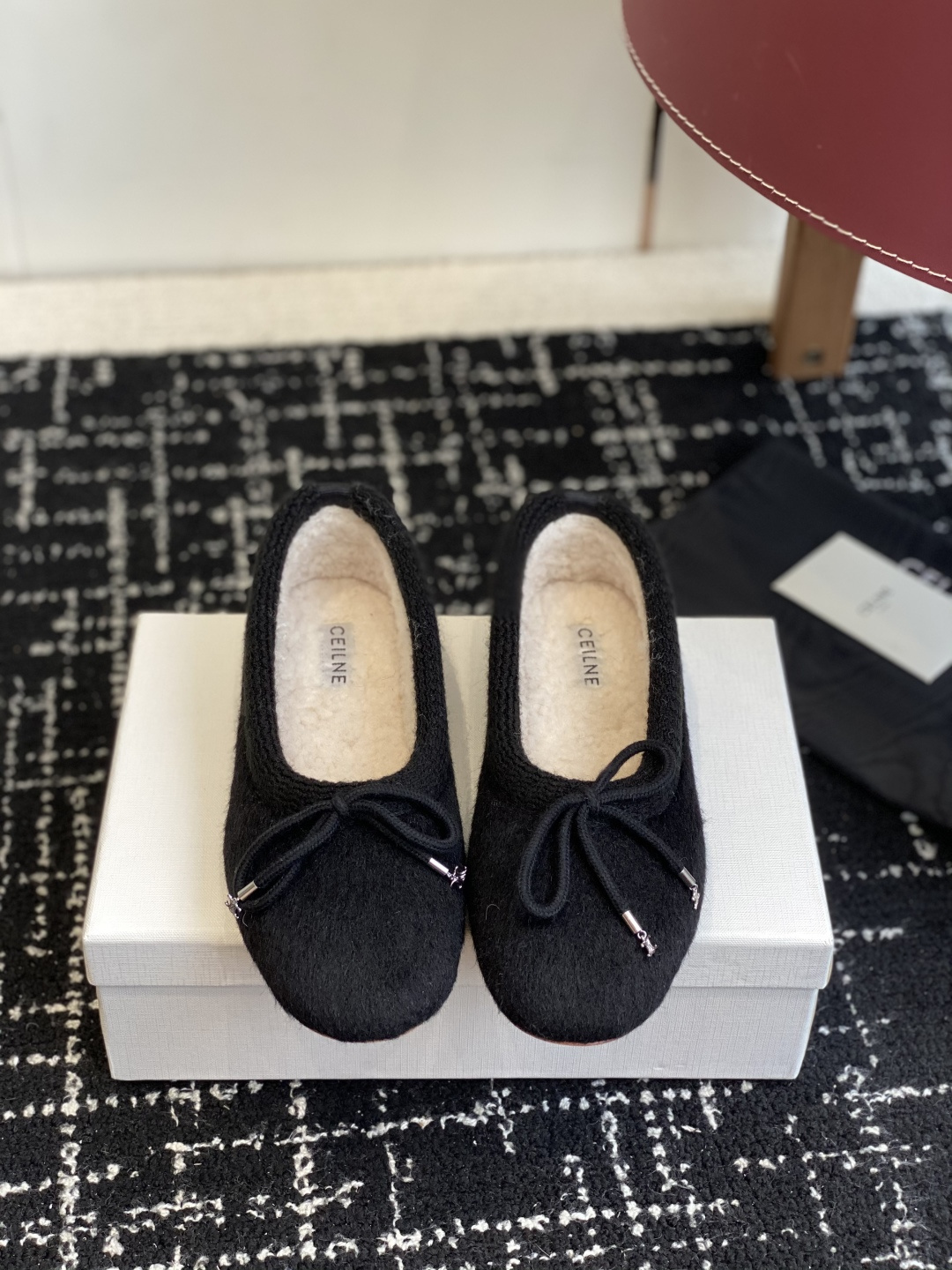 Celine Black Knit Ballerinas - Shearling Lined