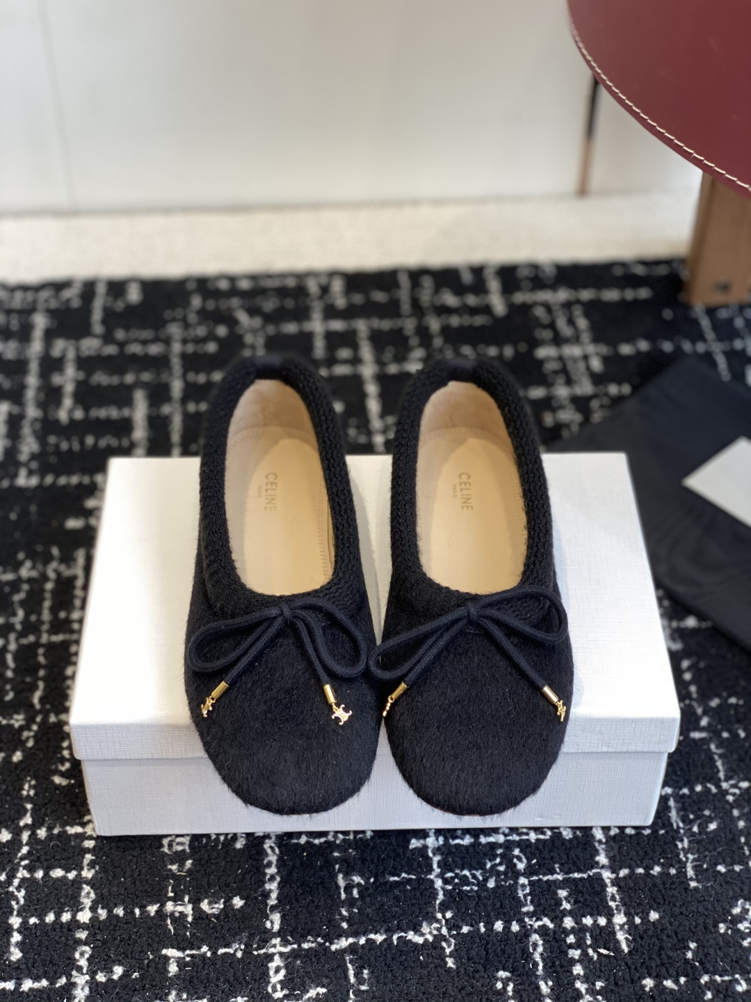 Celine Black Knit Ballet Slippers - Gold Accents