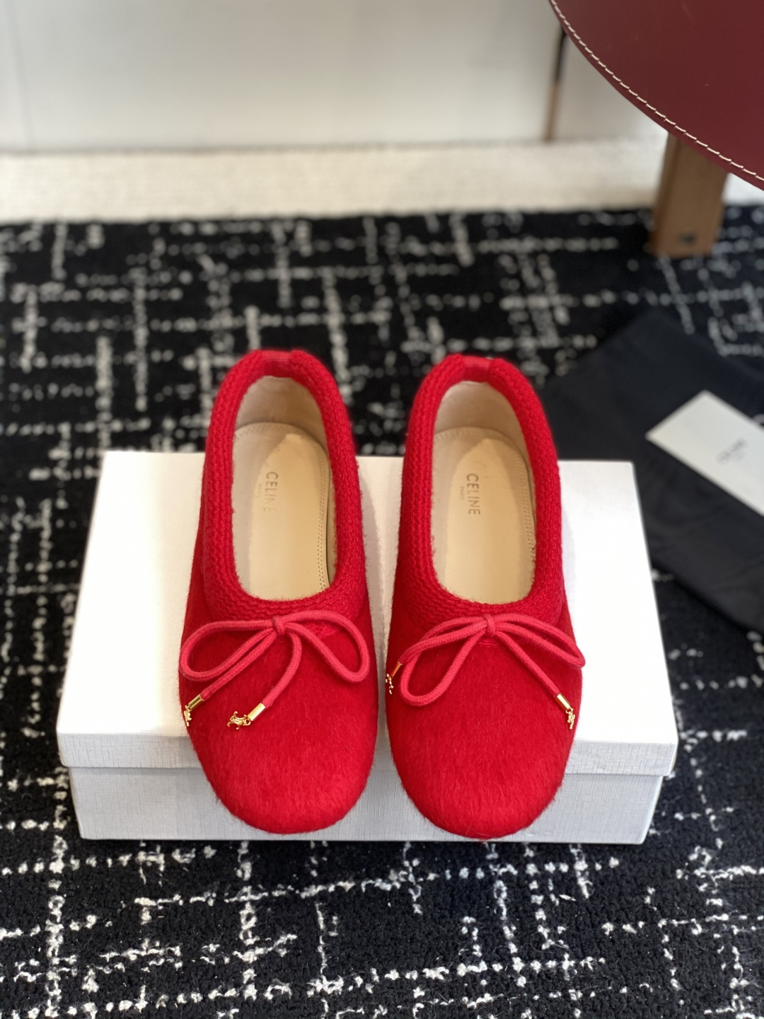 Celine Red Mohair Ballet Flats with Gold Triomphe Bow