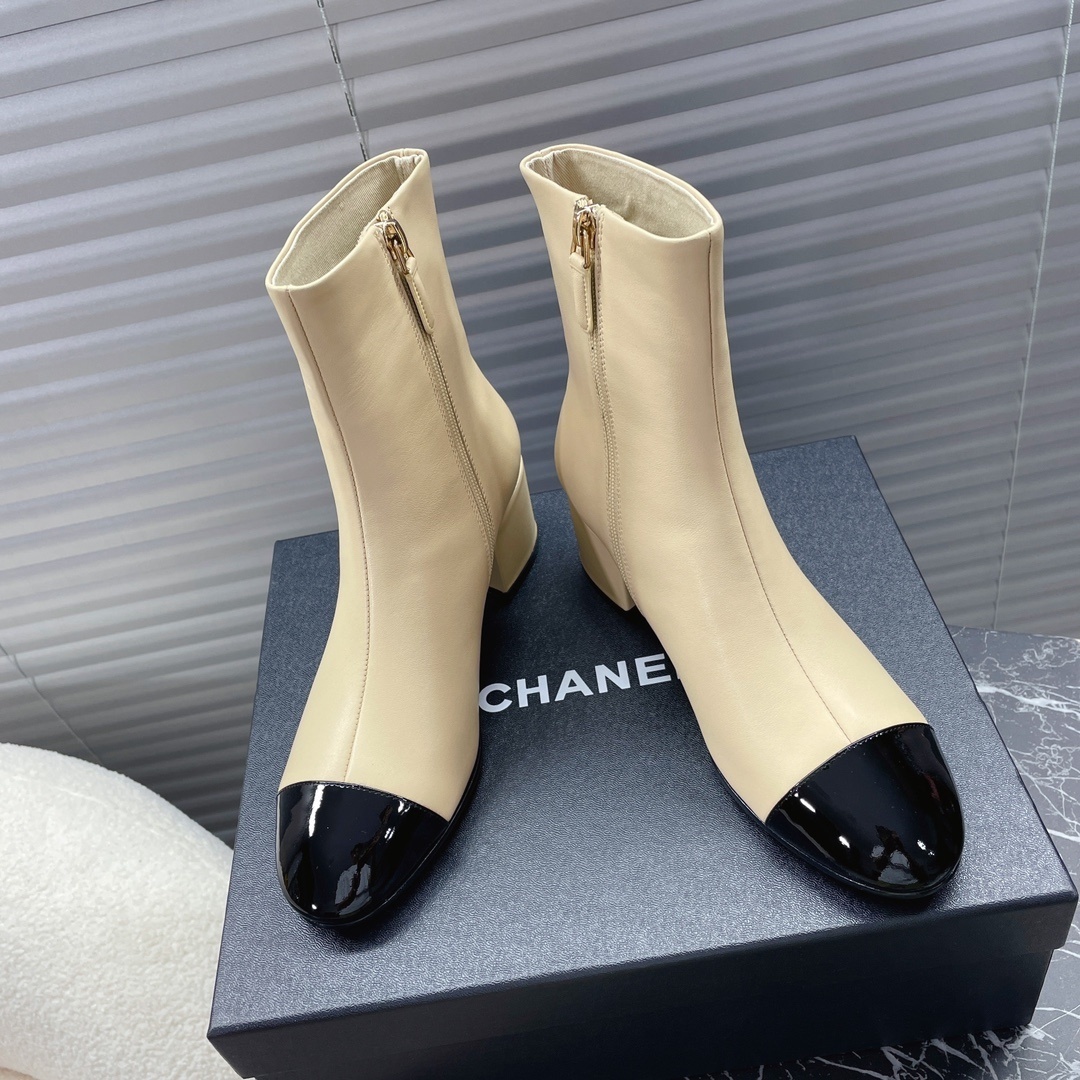 leather Chanel Beige Black Booties - Chanel Beige & Black Leather