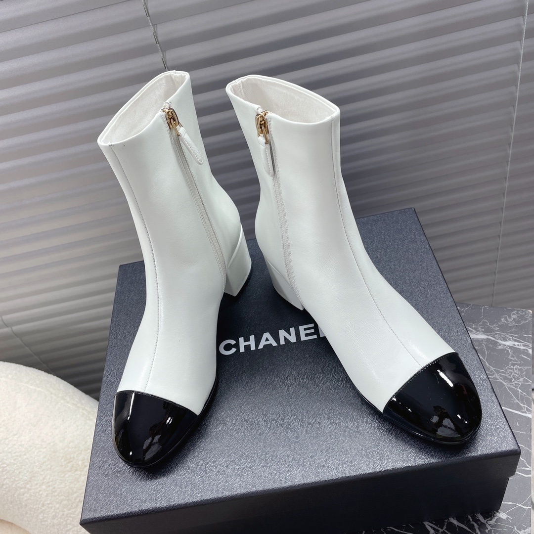 leather Chanel White Black Cap-Toe Booties - Chanel White Black