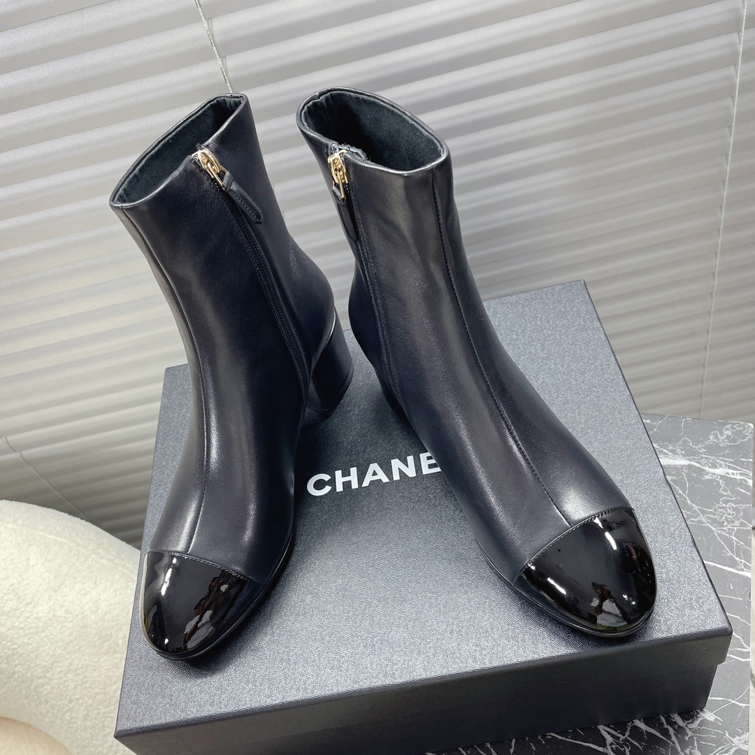 Women's Elegant Black Leather Ankle Boots with Patent Toe & Block Heel