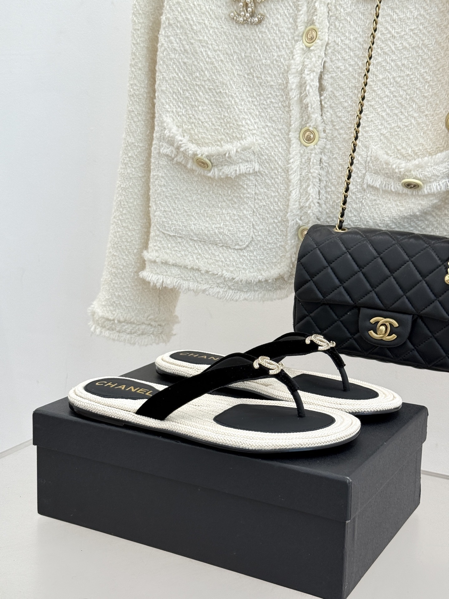 Chanel Luxury Velvet Thong Sandals - Black & Beige CC Logo Flip-Flops