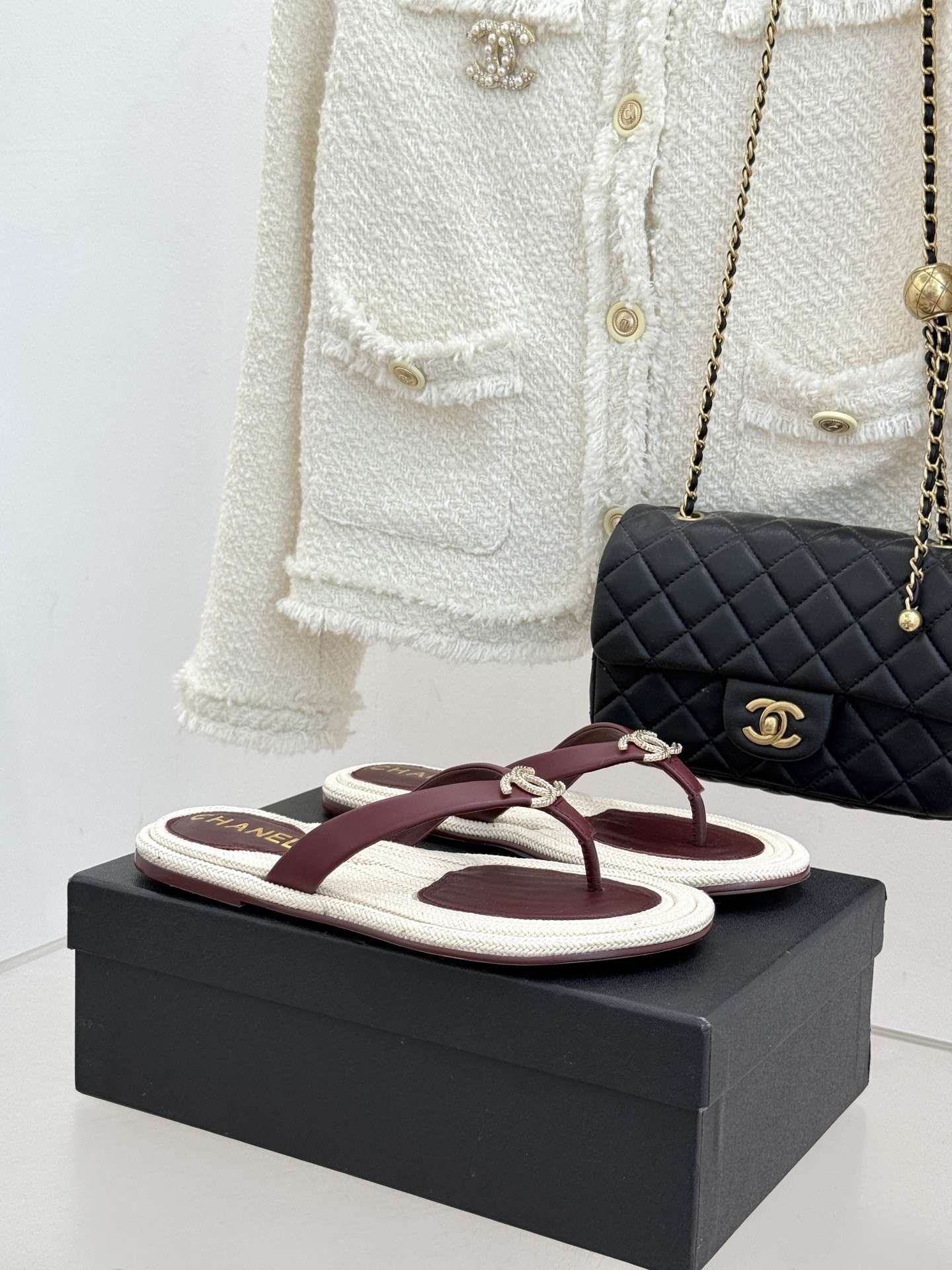 Chanel Burgundy Leather Thong Sandals with Gold CC Logo