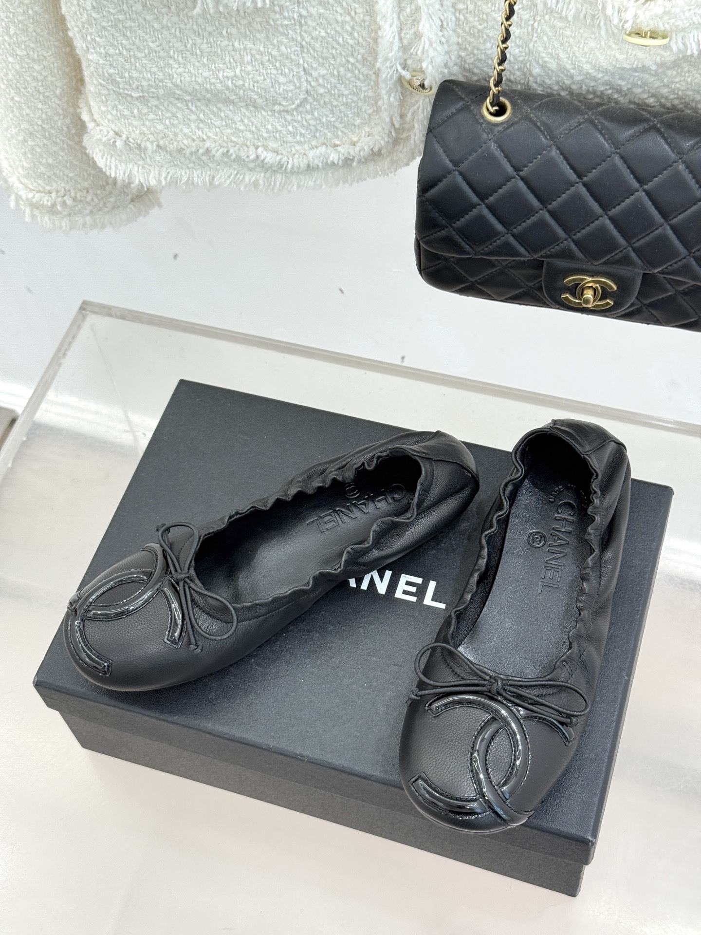 Chanel Black Leather Ballet Flats with CC Logo and Bow