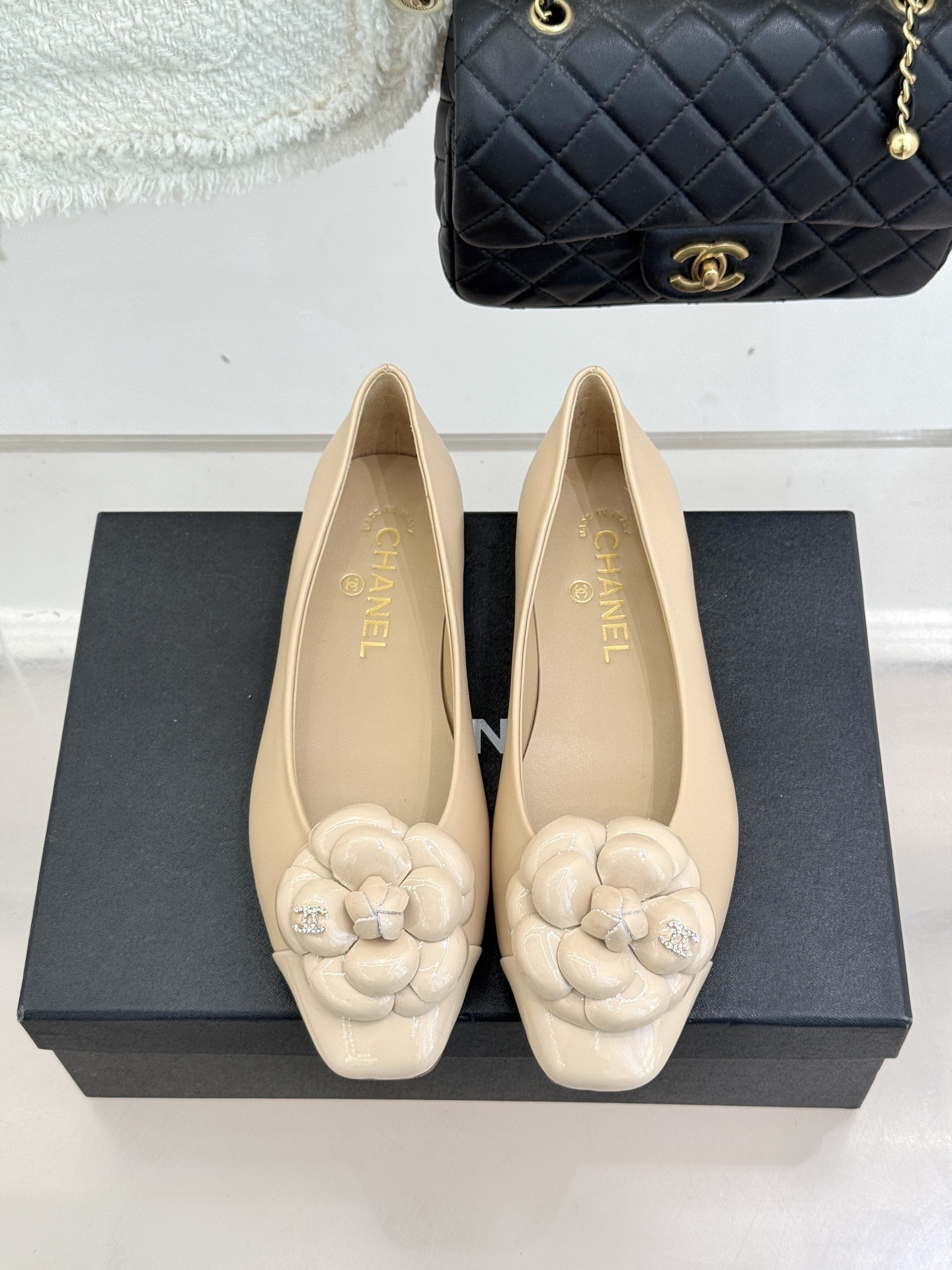 Chanel Camellia Beige Leather Ballet Flats – Elegant Square Toe