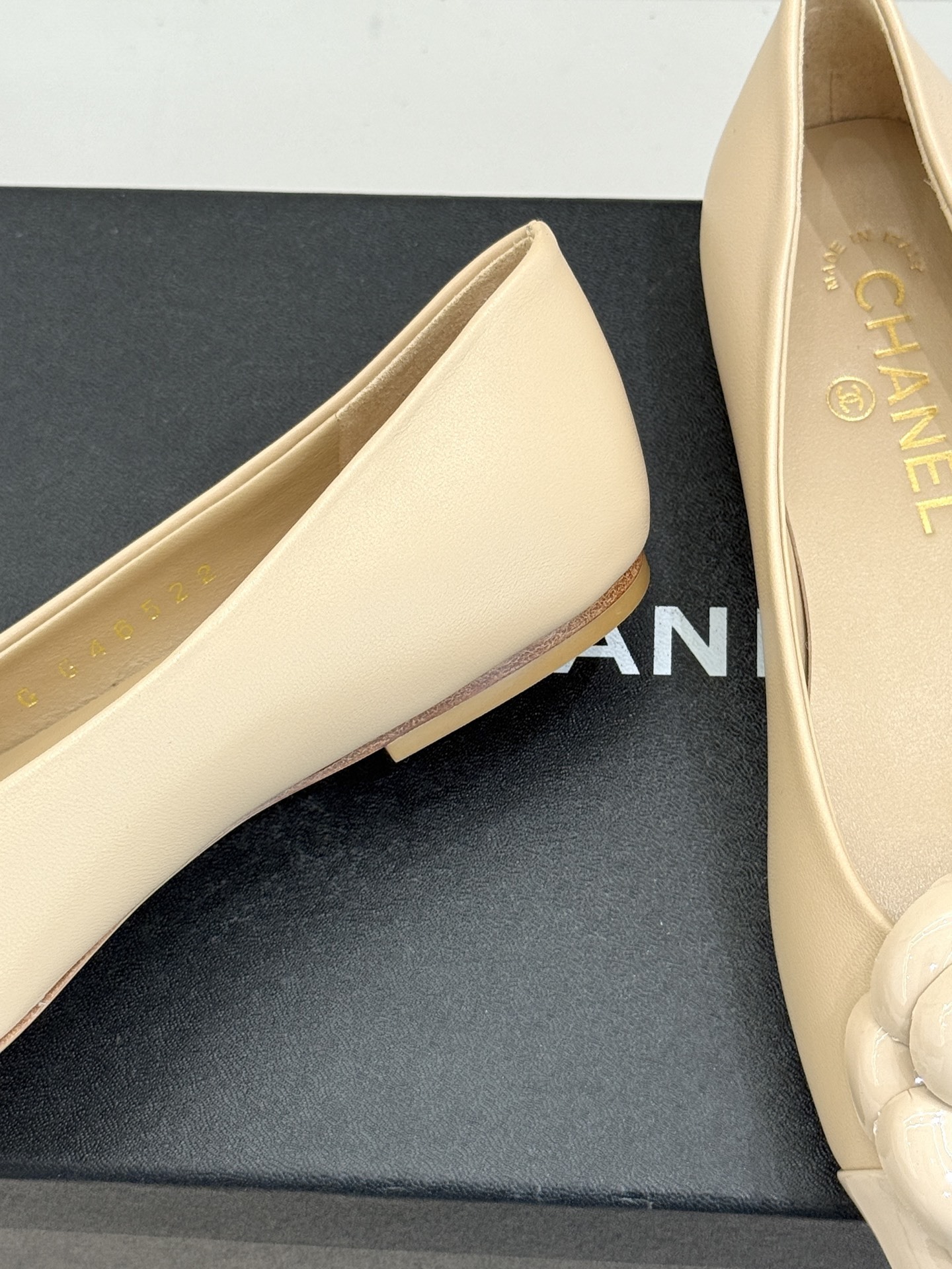 Chanel Camellia Beige Leather Ballet Flats – Elegant Square Toe