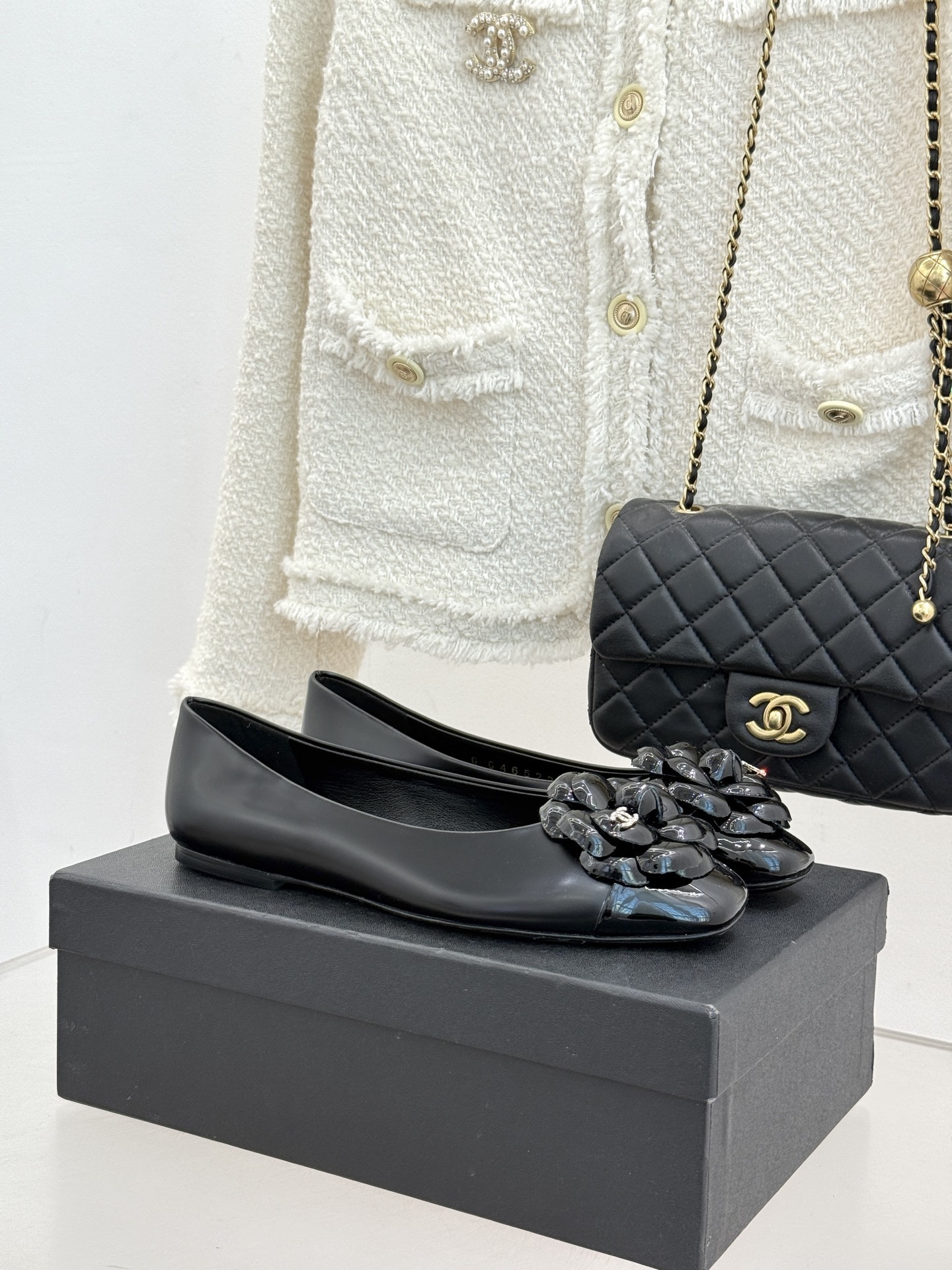 leather Chanel Black Flower Ballerinas - Chanel Black Leather Flower