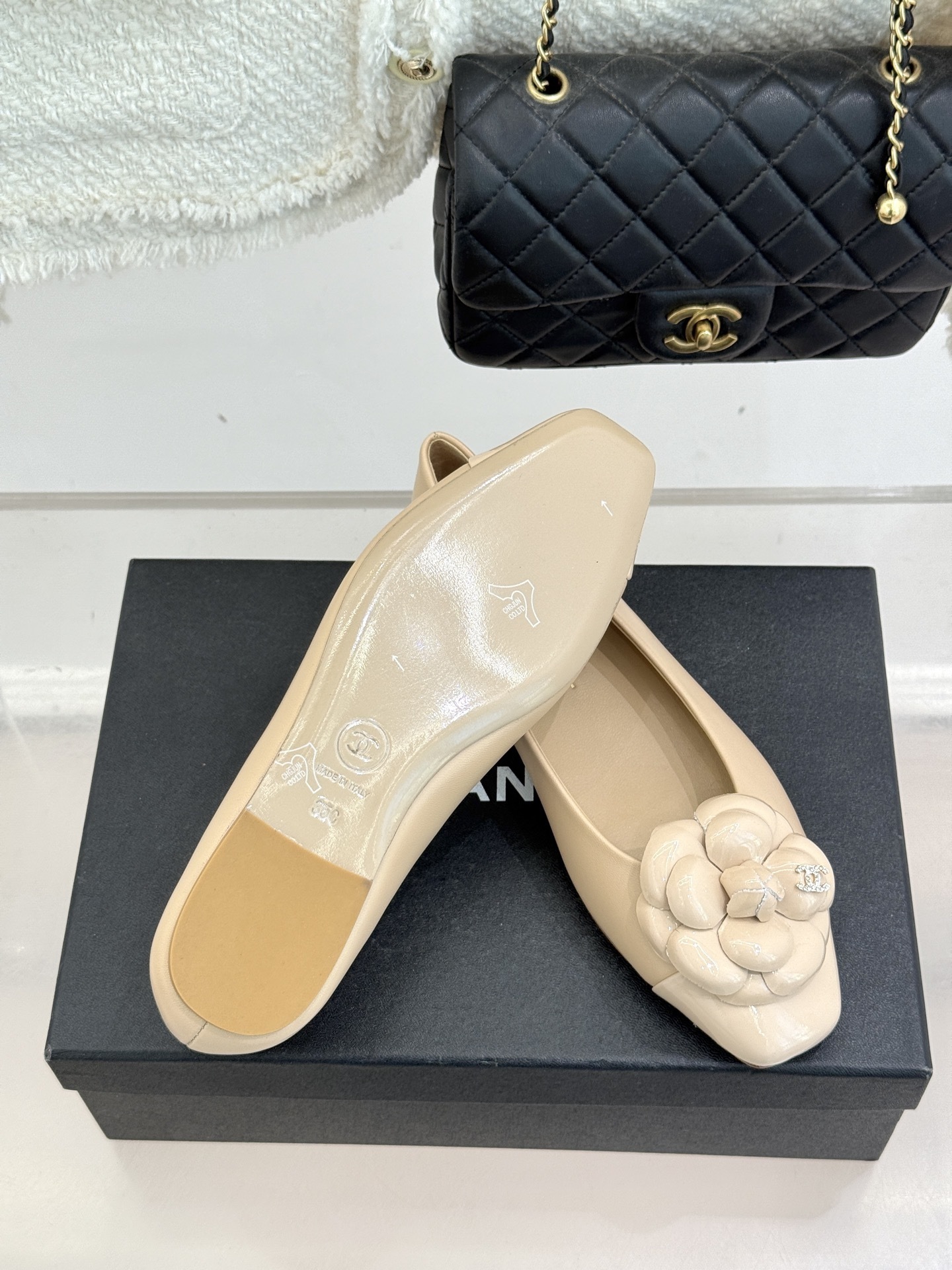 Chanel Camellia Beige Leather Ballet Flats – Elegant Square Toe
