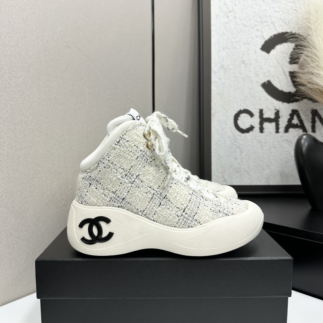Chanel Tweed High-Top Sneakers - White & Black