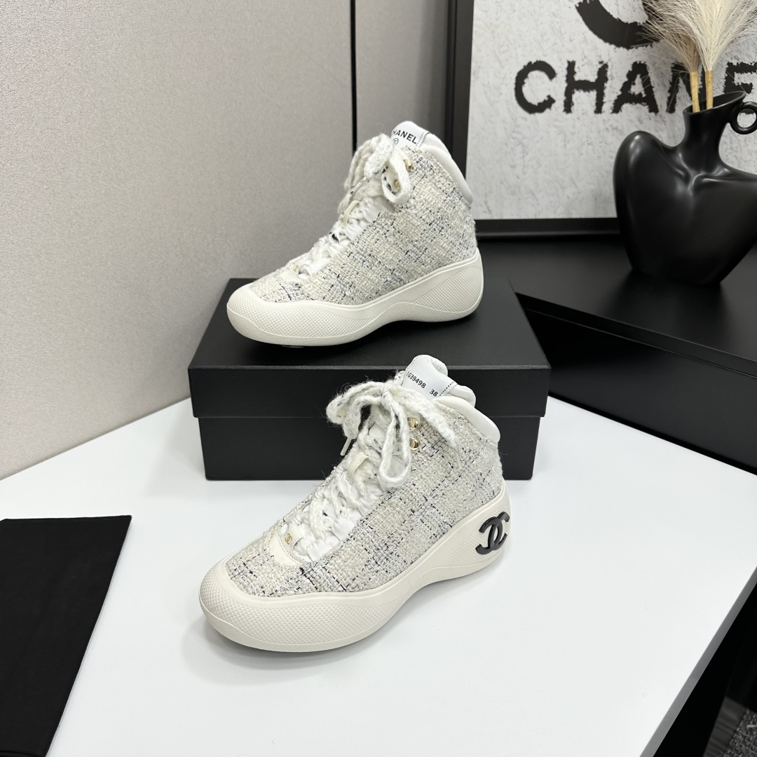 Chanel Luxury White Tweed High-Top Sneakers with Black CC Logo