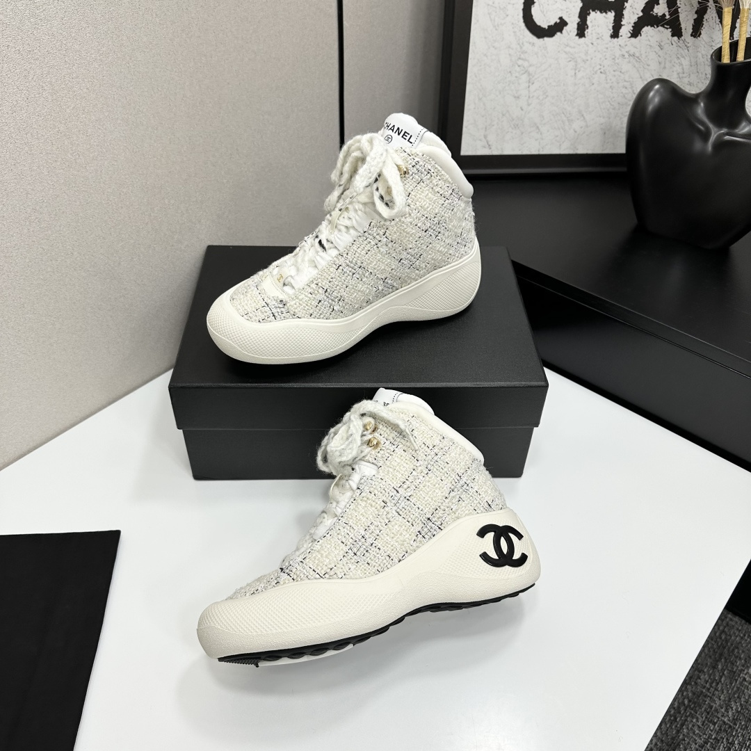 Chanel Luxury White Tweed High-Top Sneakers with Black CC Logo