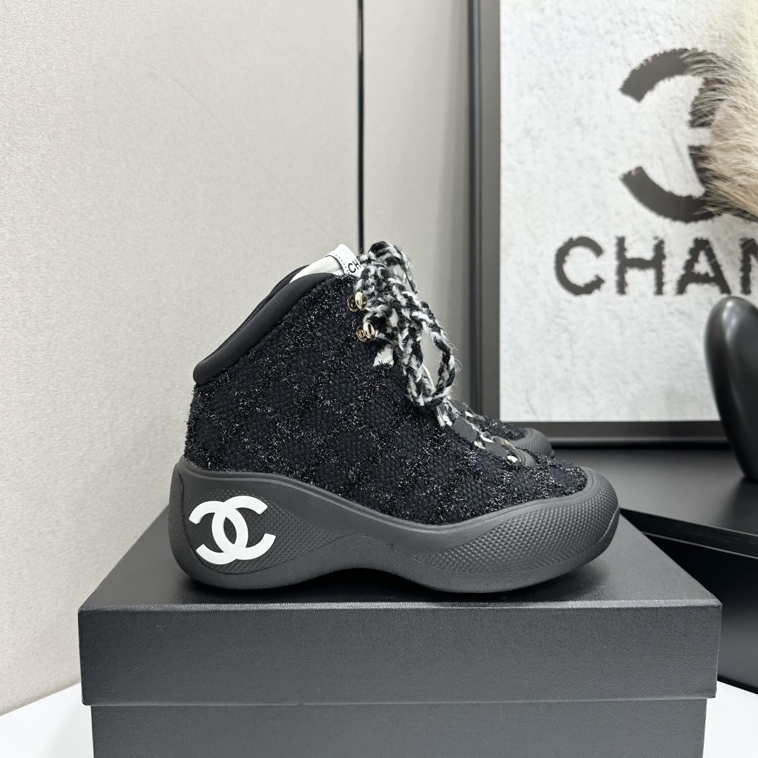 black Chanel Tweed High-Top Sneakers - Chanel Black Tweed High-Top