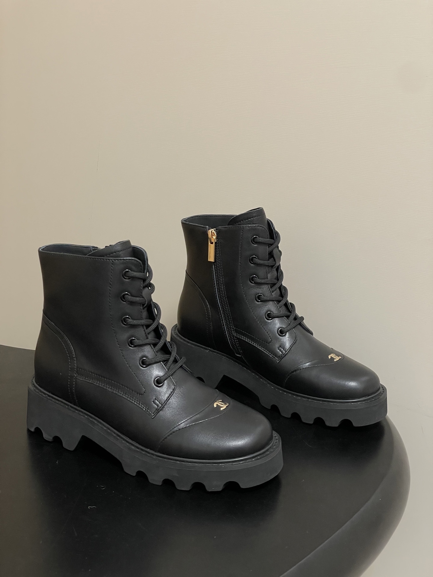 Chanel Black Leather Lace-Up Boots - Gold CC Accent