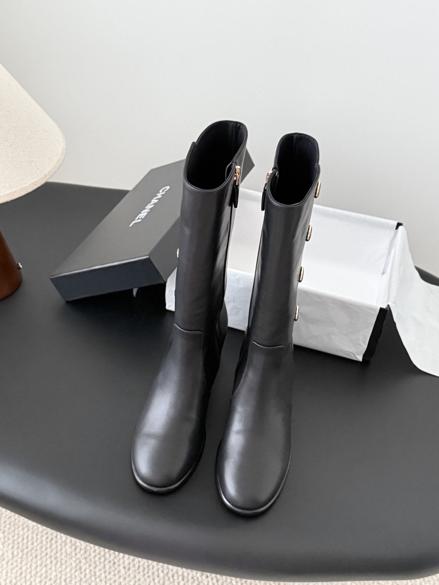 Chanel Black Leather Button Boots