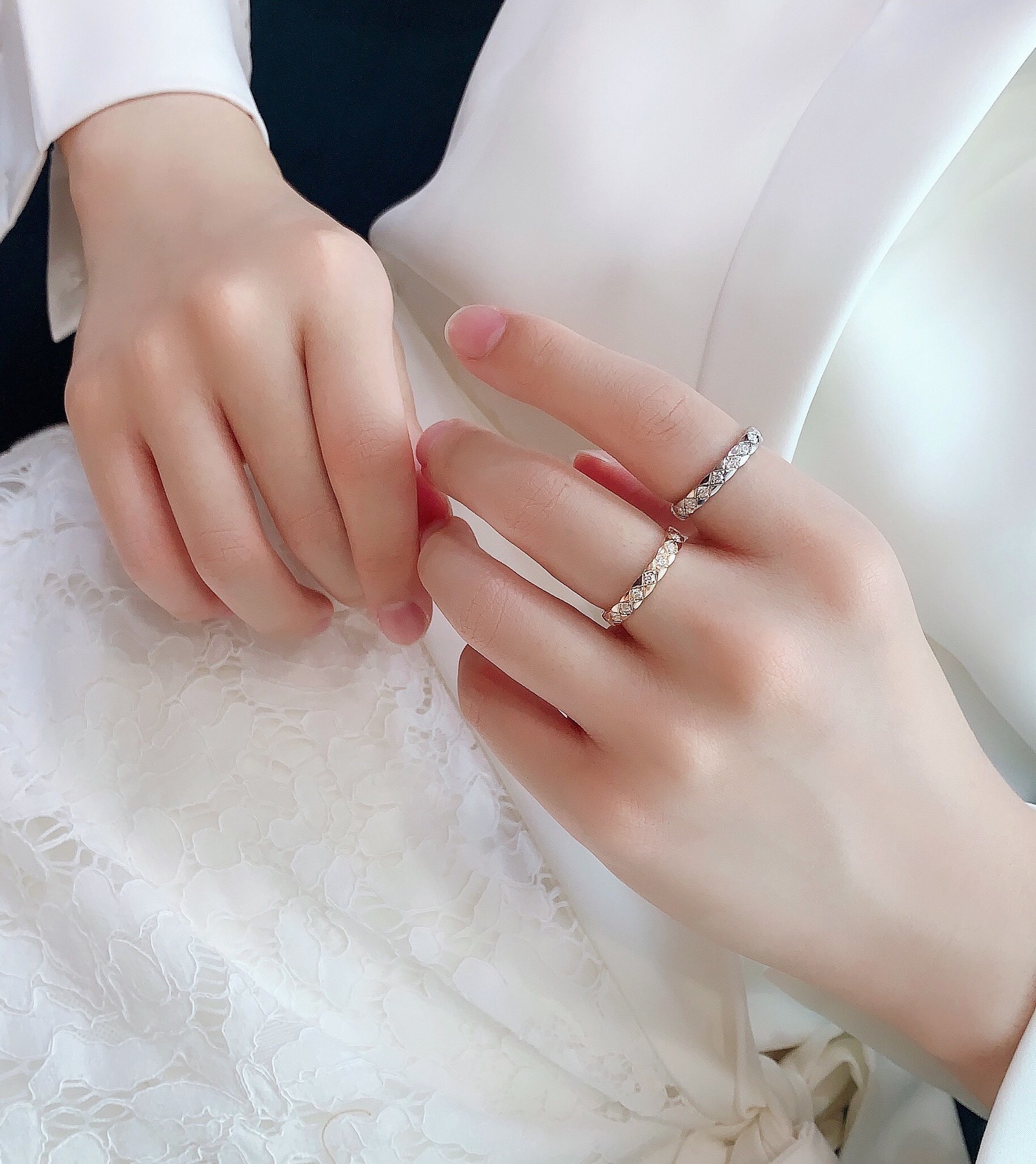 Chanel Diamond Quilted Wedding Band Ring – Gold & Silver