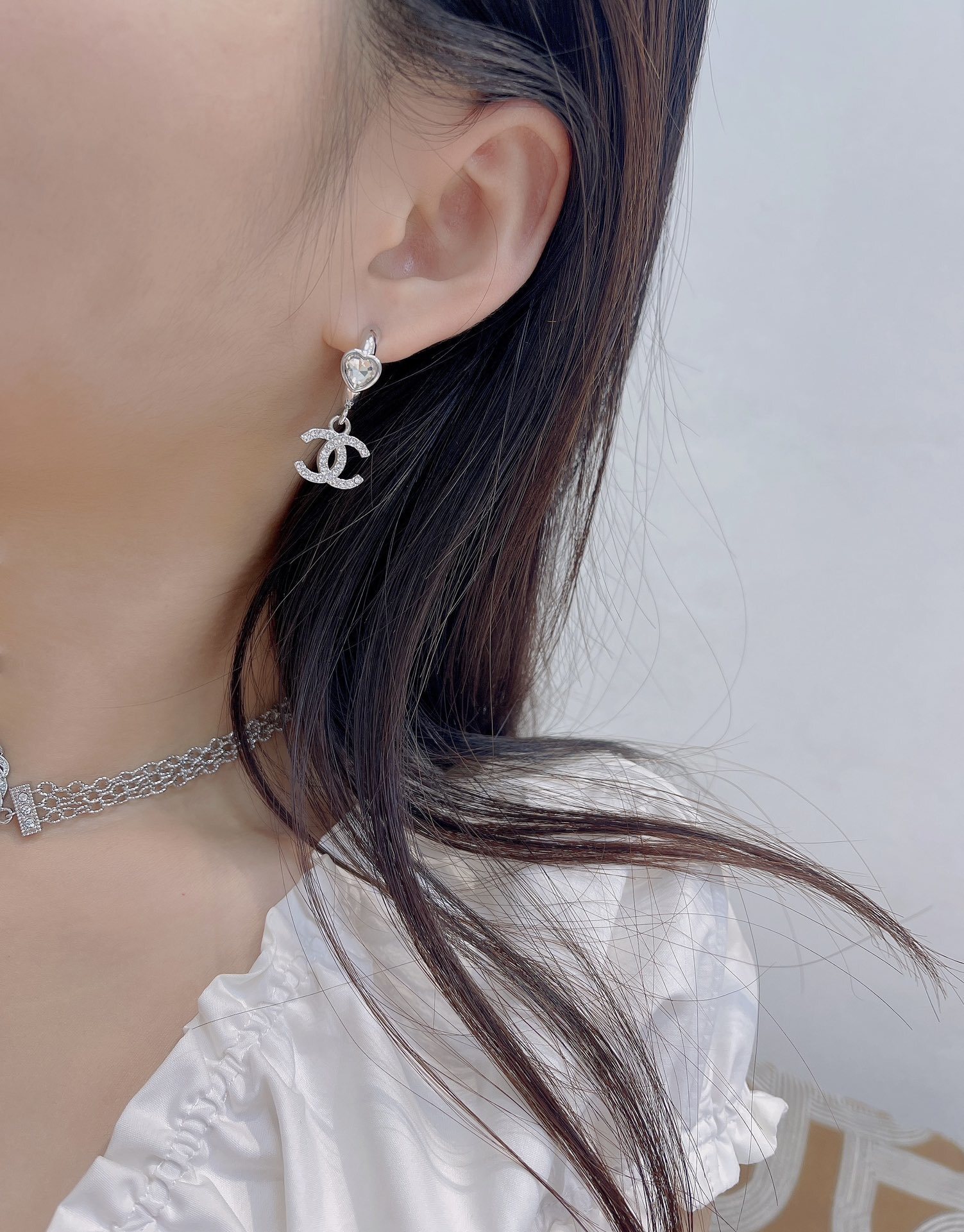 heart Chanel Silver Crystal CC Earrings – Chanel Silver Crystal CC