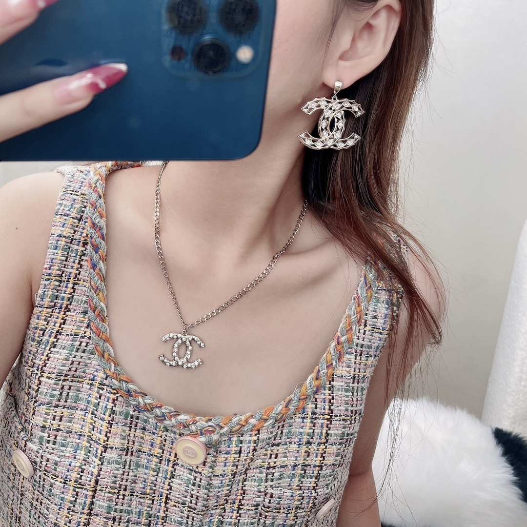 Chanel Crystal CC Silver Necklace & Earrings Set