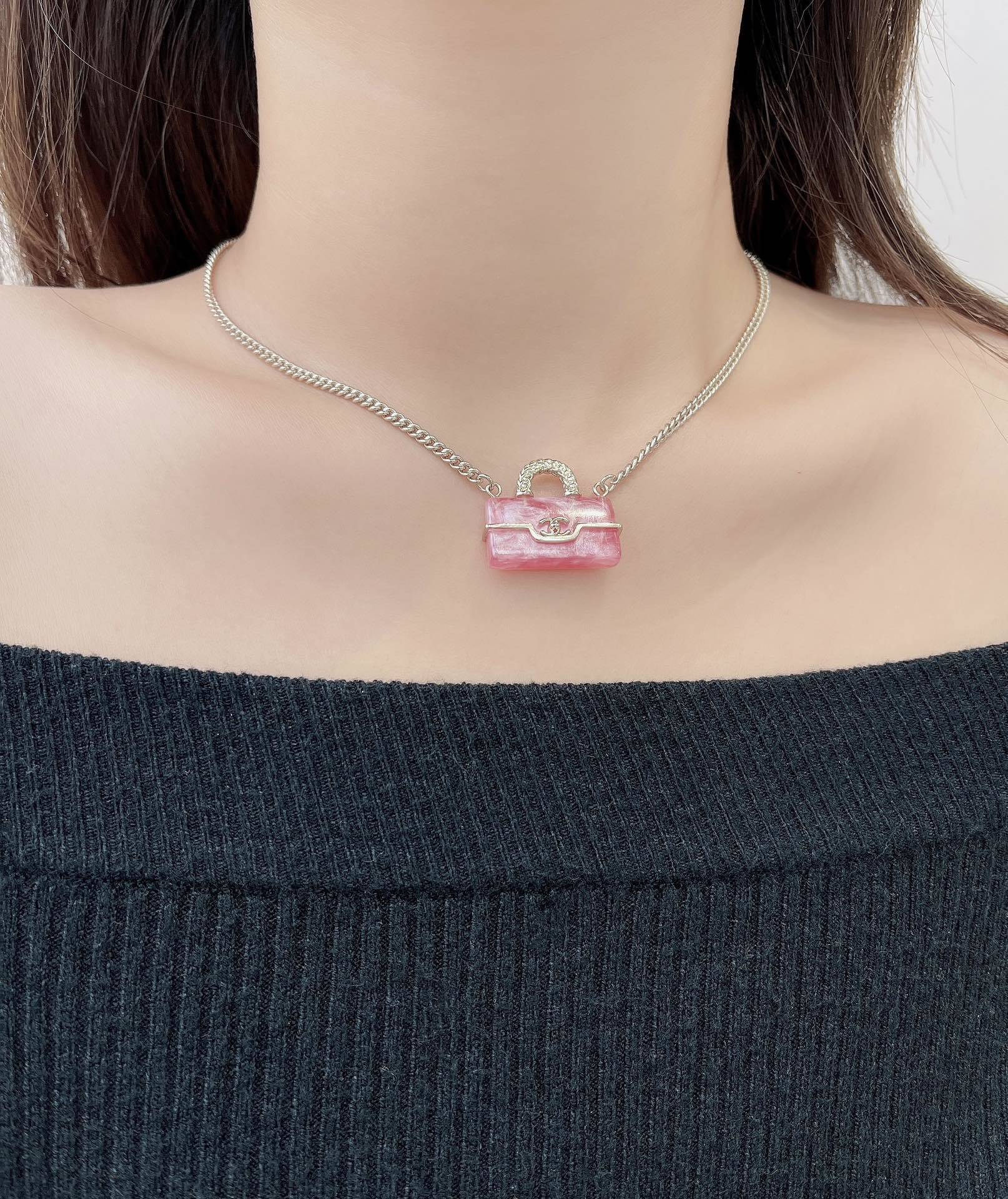 Chanel Pink Mini Bag Necklace – Silver Chain