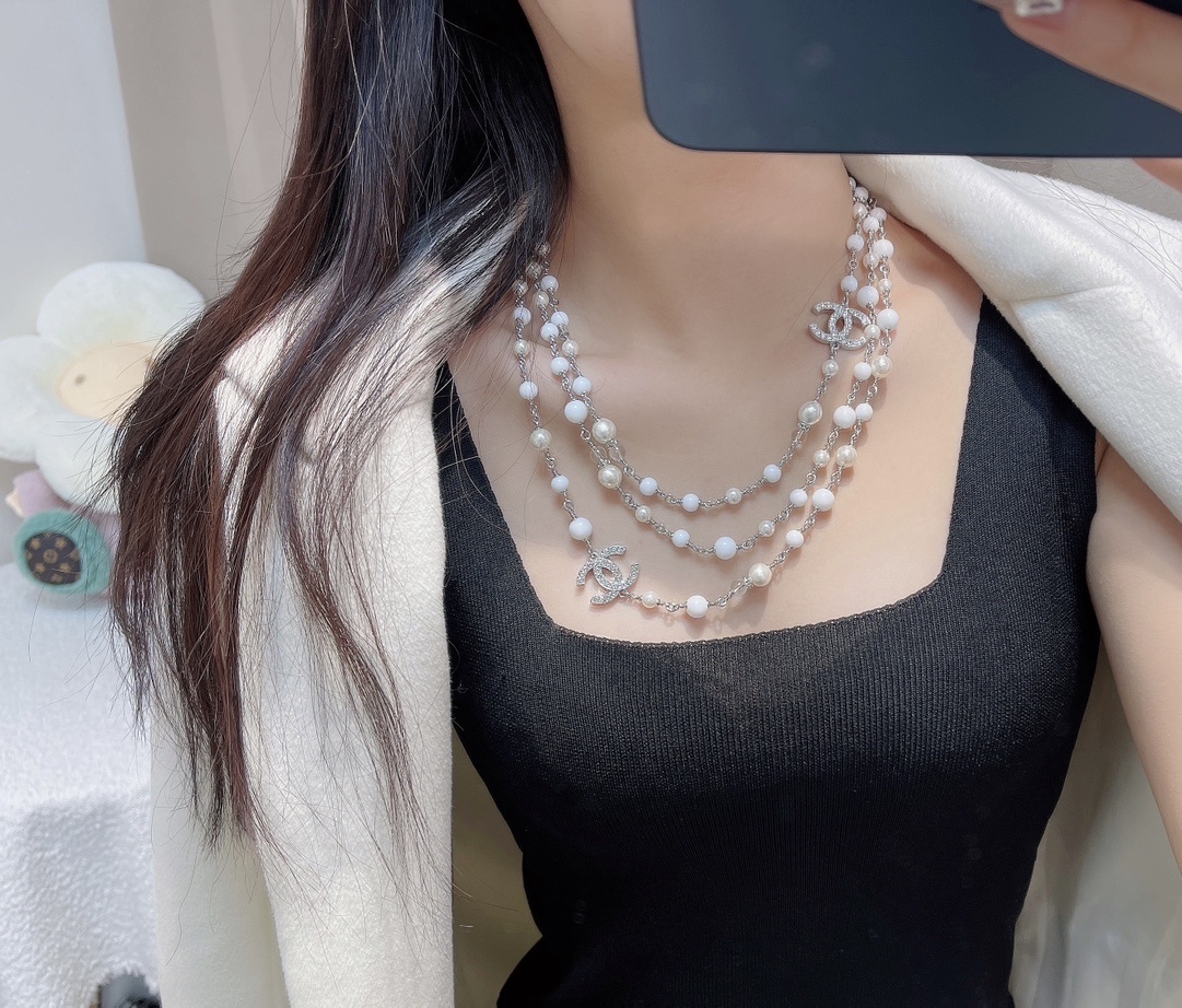 Chanel White Pearl Silver Chain Necklace – Triple Strand