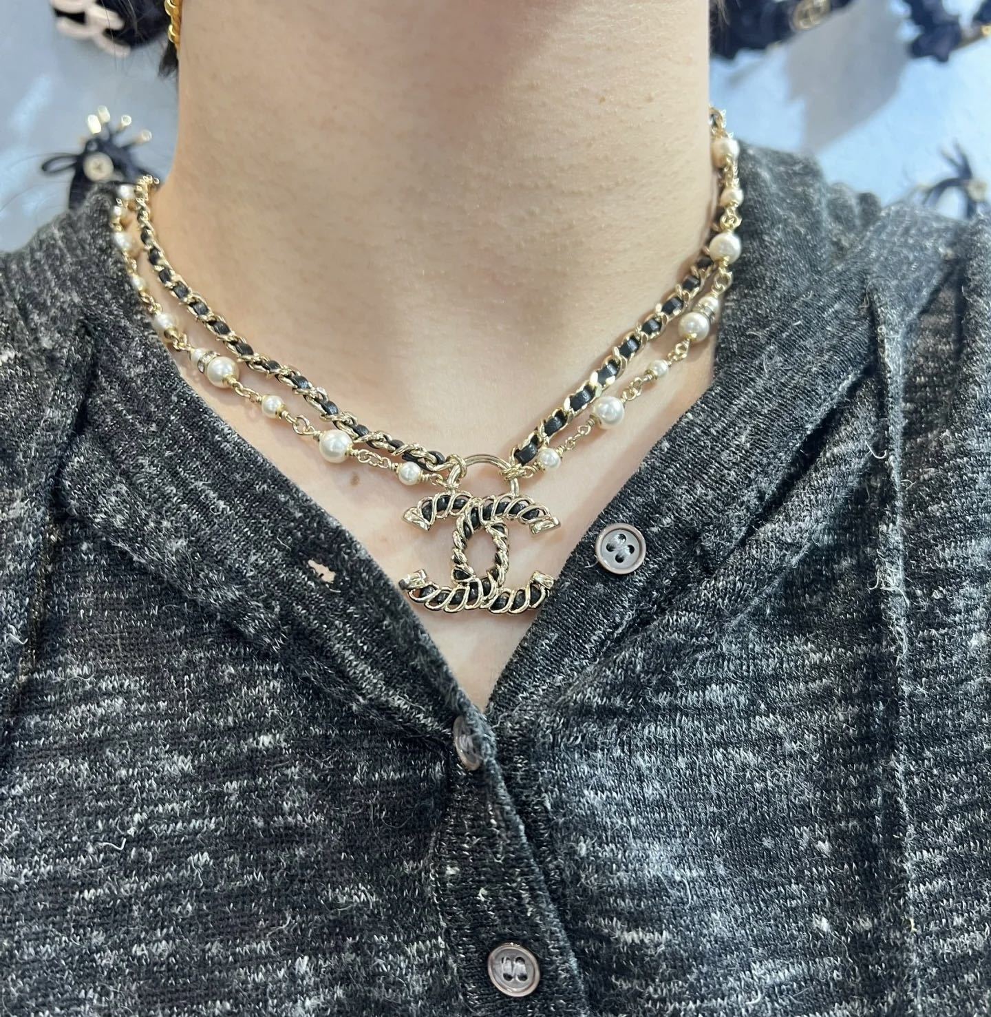 Chanel Gold Leather Pearl Necklace – Chanel Gold Chain Leather Pearl