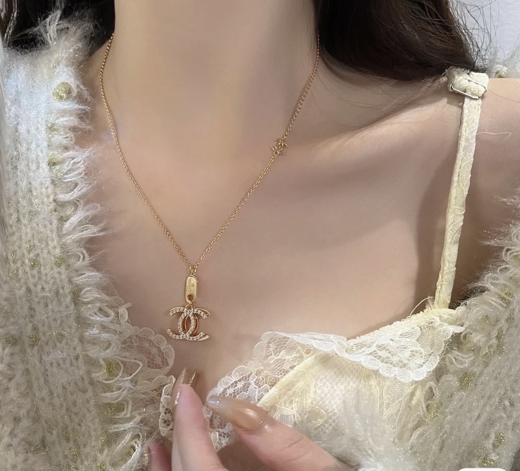 Chanel Gold CC Diamond Pendant Necklace Dainty