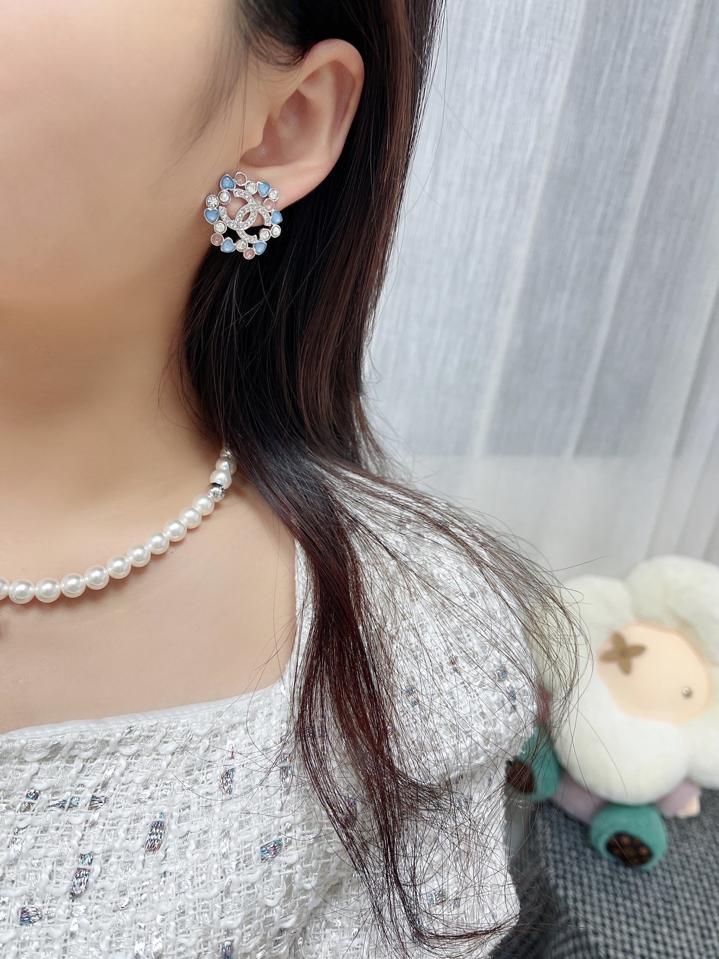 Dior Blue Crystal Floral Earrings – Silver Tone Finish