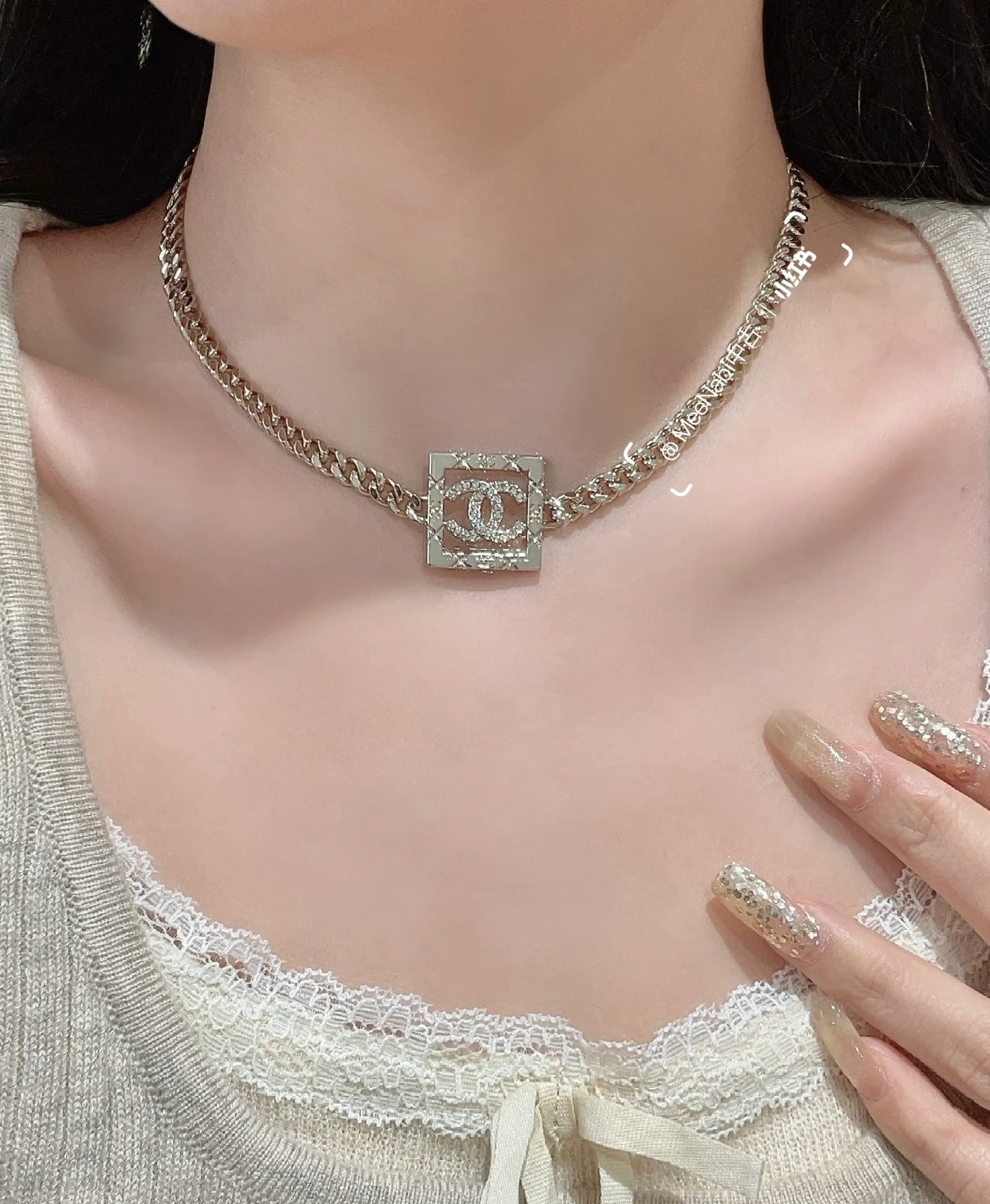 Chanel Silver CC Square Chain Necklace – Crystal Accents