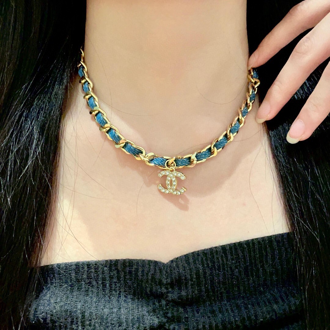 Chanel Blue Denim Gold Chain Necklace – CC Logo Pendant