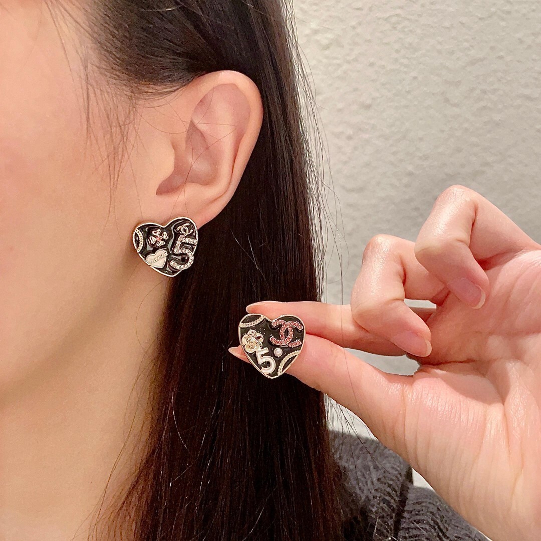 Chanel Black Heart Earrings Rhinestone CC Logo