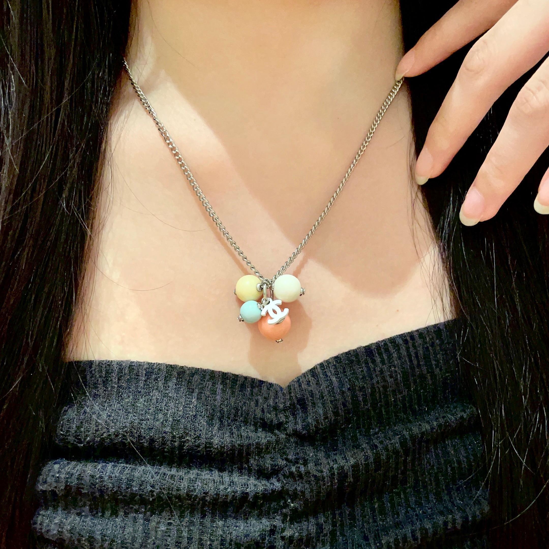 Chanel Pastel Beads Silver Necklace CC Logo