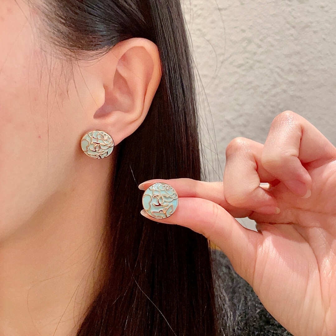 Chanel Light Blue Camellia Stud Earrings – Designer Chic