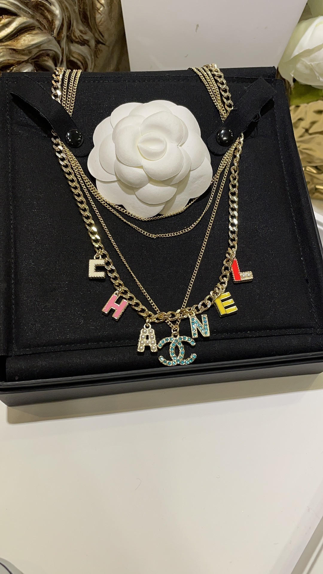 Chanel Gold Tone Multi-Chain Necklace with CC Logo