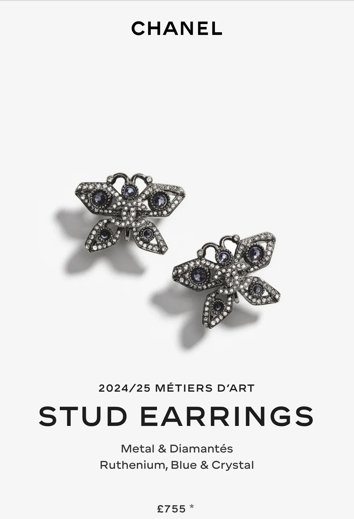 Chanel Blue Crystal Earrings – Chanel Ruthenium Butterfly Stud