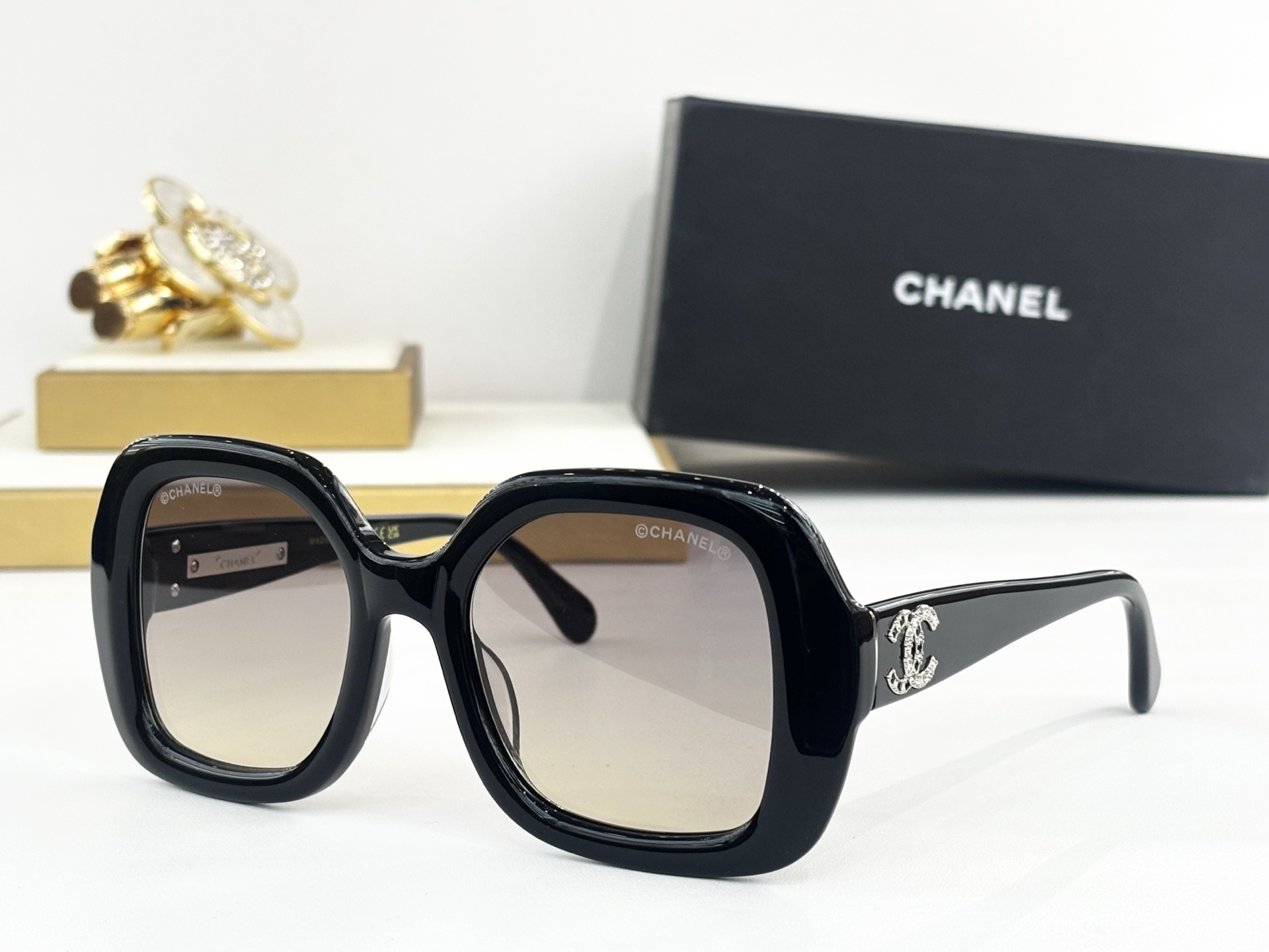 Chanel Black Square Sunglasses Rhinestone Logo